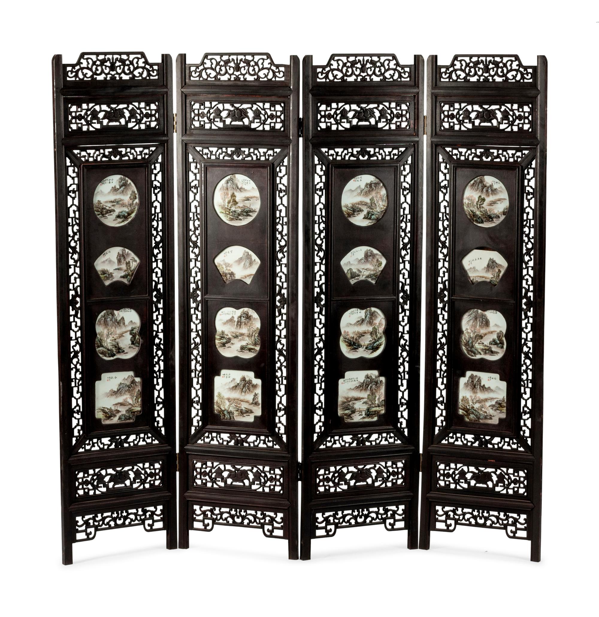 A Chinese Porcelain-Mounted Hardwood Four-Panel Floor Screen