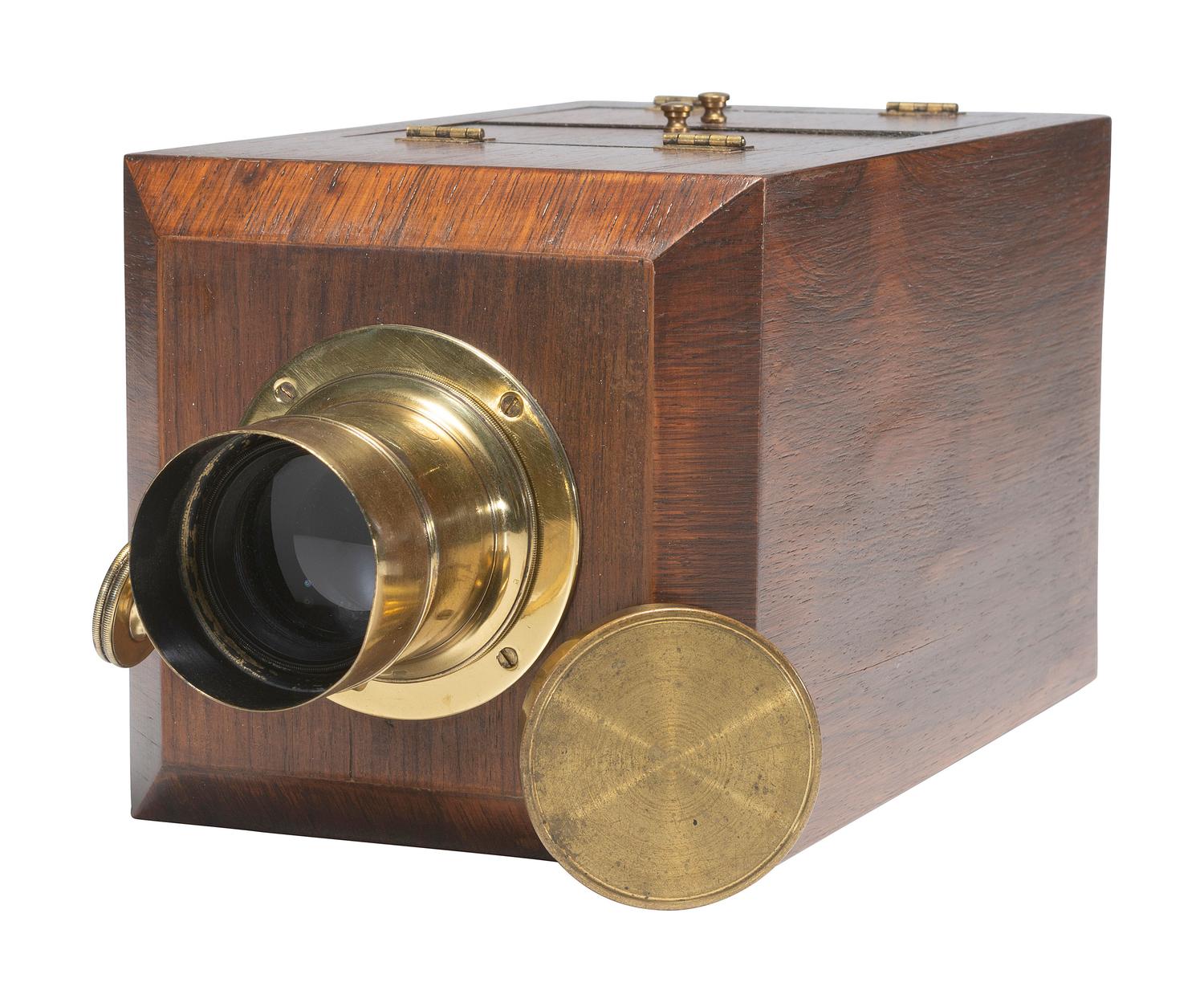 [CAMERAS]. Replica chamfered box sixth plate daguerreotype camera with Voigtlander & Sohn lens.