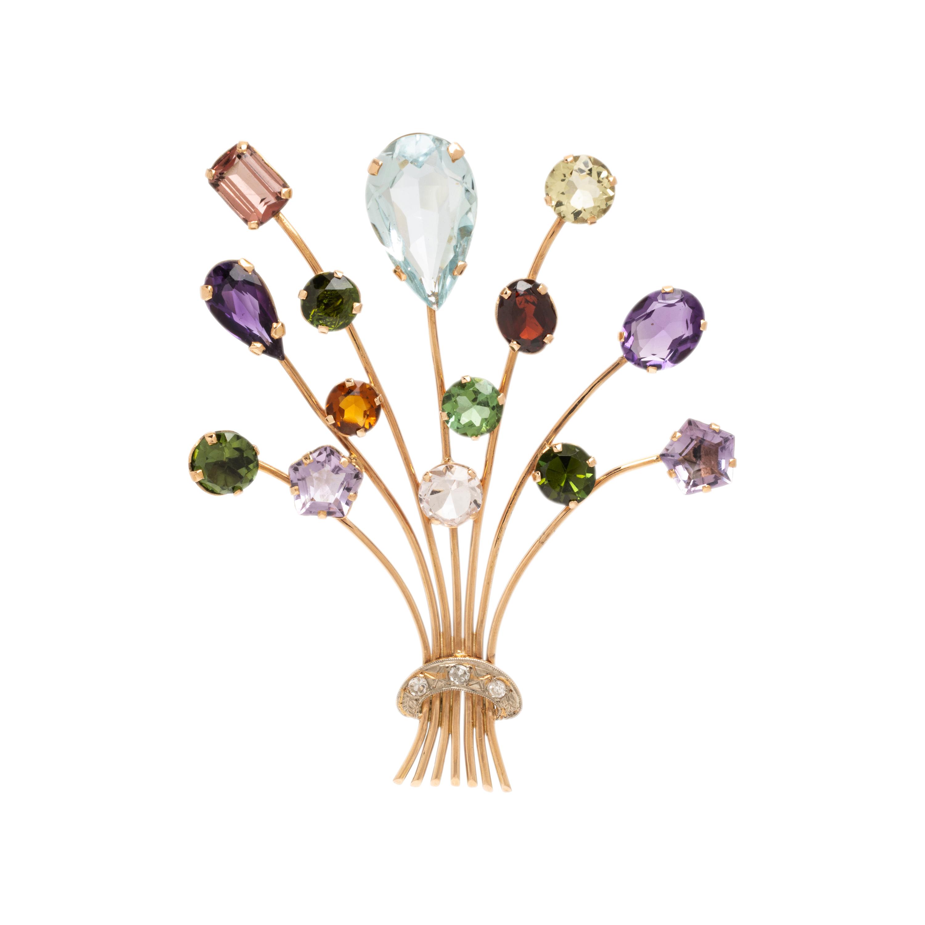 Yellow Gold and Multigem Bouquet Brooch