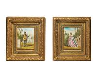 A Pair of Hand-Painted Porcelain Plaques Depicting a Medieval Queen and Knight