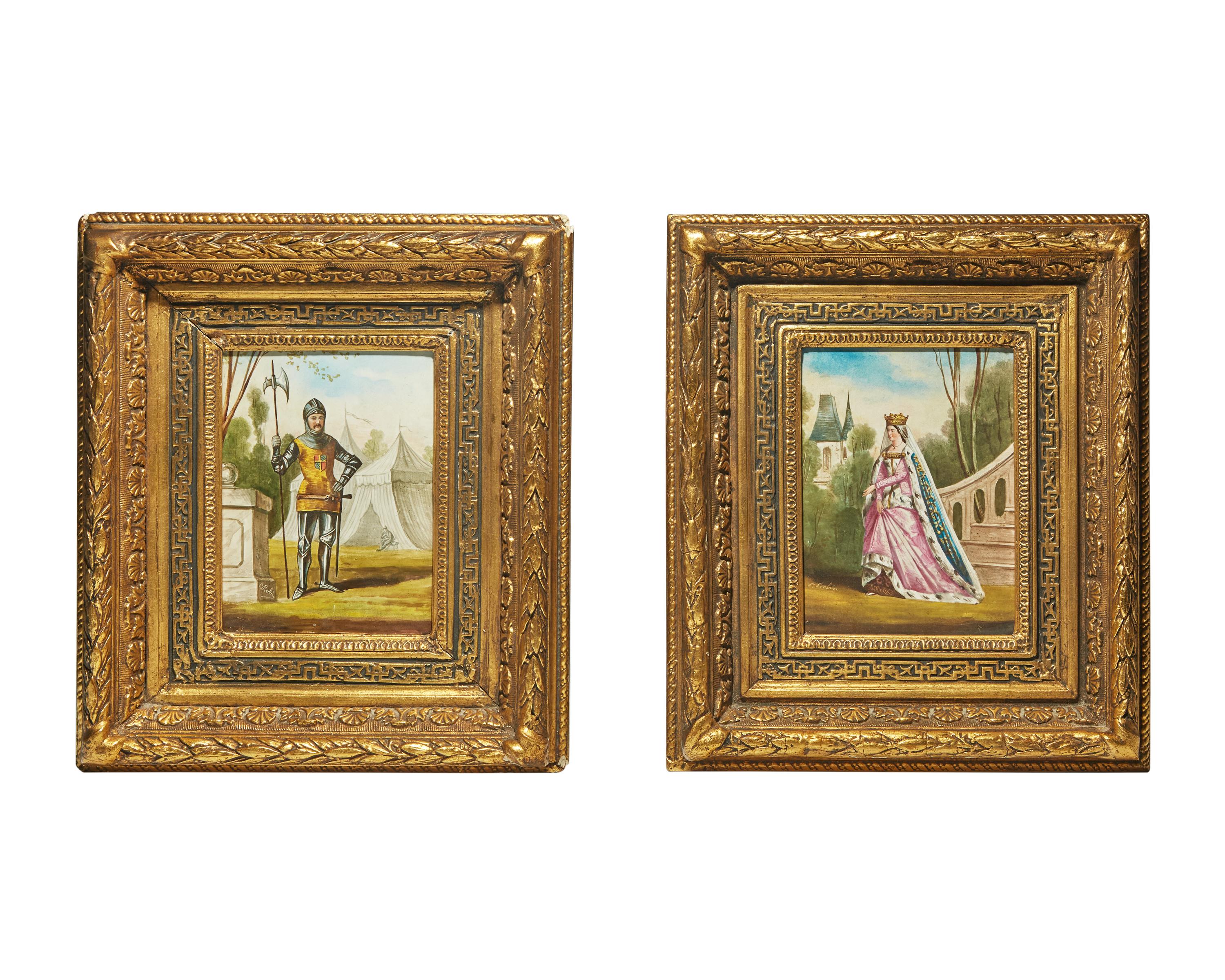 A Pair of Hand-Painted Porcelain Plaques Depicting a Medieval Queen and Knight