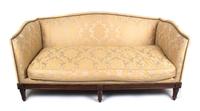 A Neoclassical Style Carved Mahogany and Upholstered Sofa Height 34 x length 72 1/2 x depth 37 inches. — 20TH CENTURY