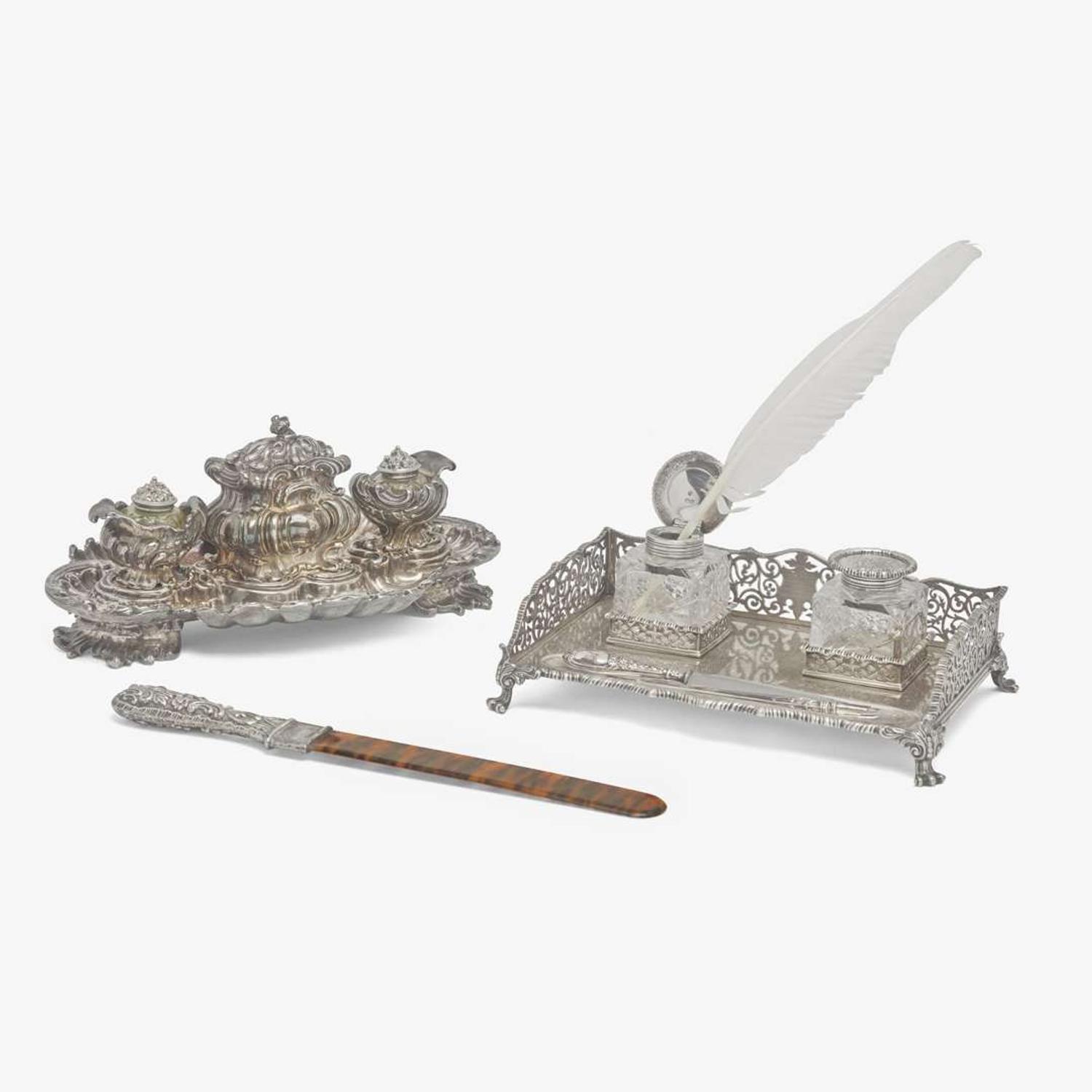 An assorted group of sterling silver, silverplated, and sterling-silver mounted faux tortoiseshell desk items Various makers, various dates ranging late 19th century - 1930