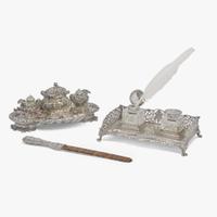 An assorted group of sterling silver, silverplated, and sterling-silver mounted faux tortoiseshell desk items Various makers, various dates ranging late 19th century - 1930
