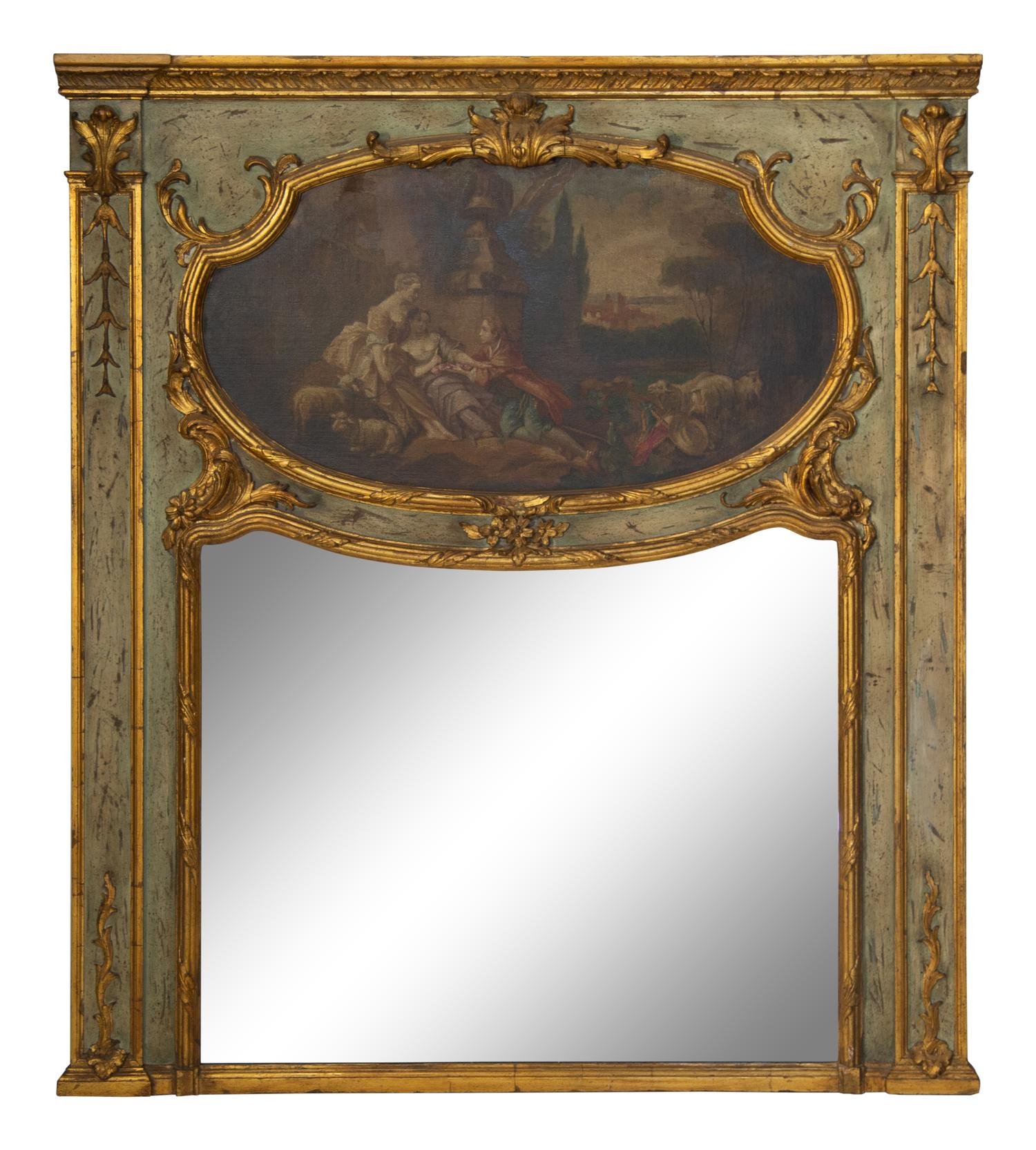 A Louis XV Style Painted and Parcel Gilt Trumeau Mirror