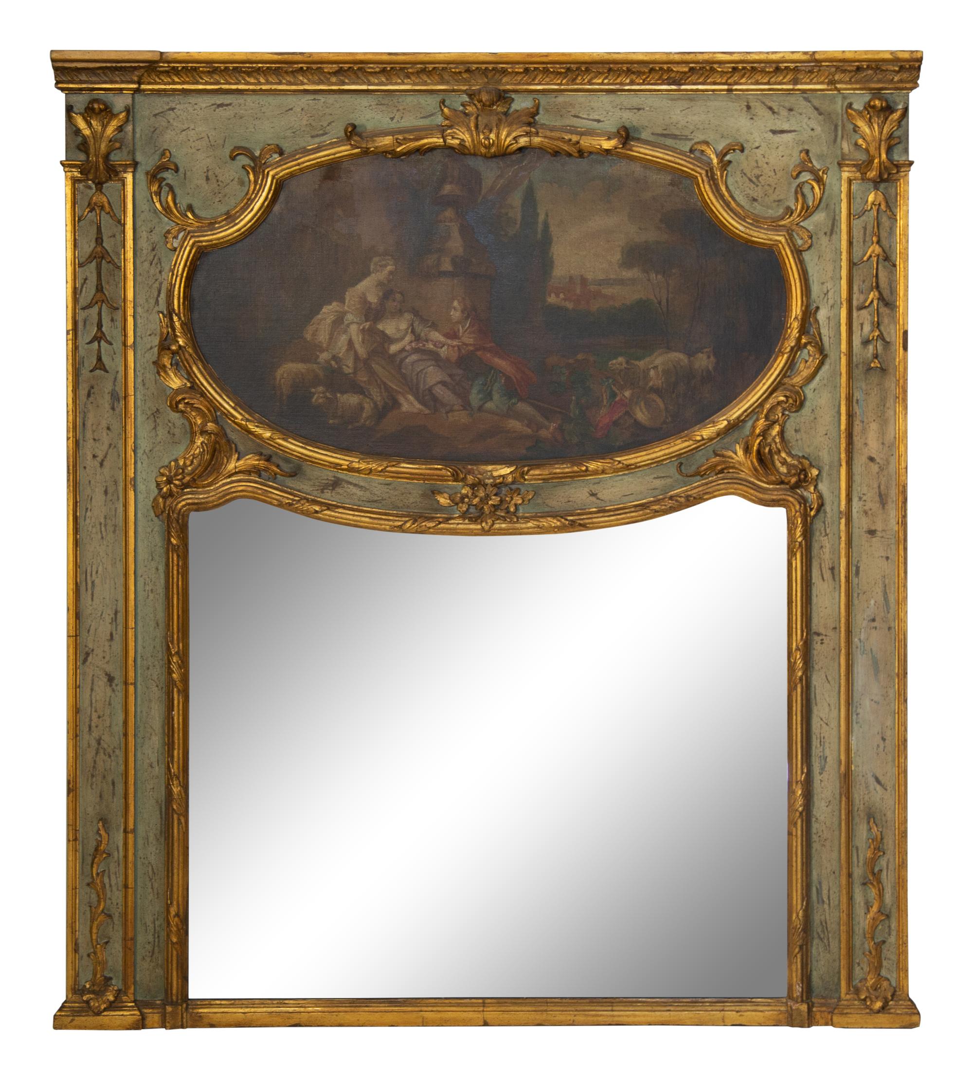 A Louis XV Style Painted and Parcel Gilt Trumeau Mirror