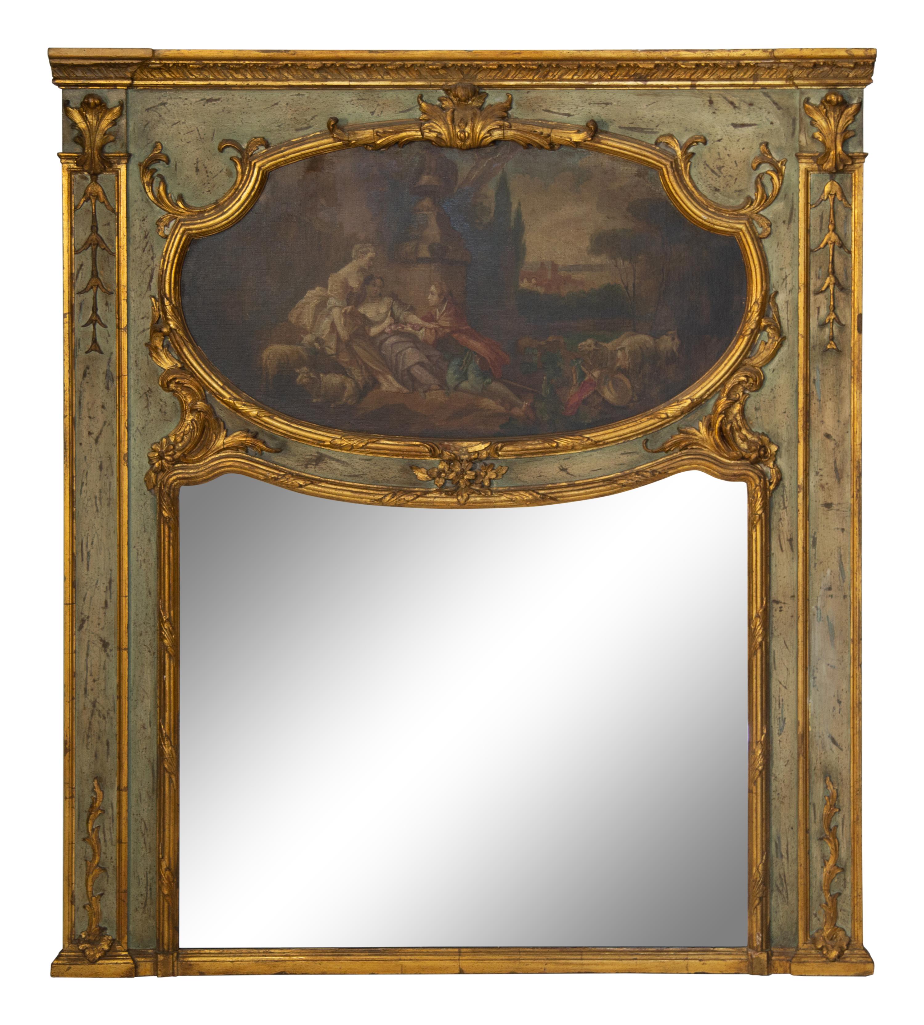 A Louis XV Style Painted and Parcel Gilt Trumeau Mirror