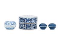 A Group of Four Blue and White Porcelain Covered Ink Paste Boxes