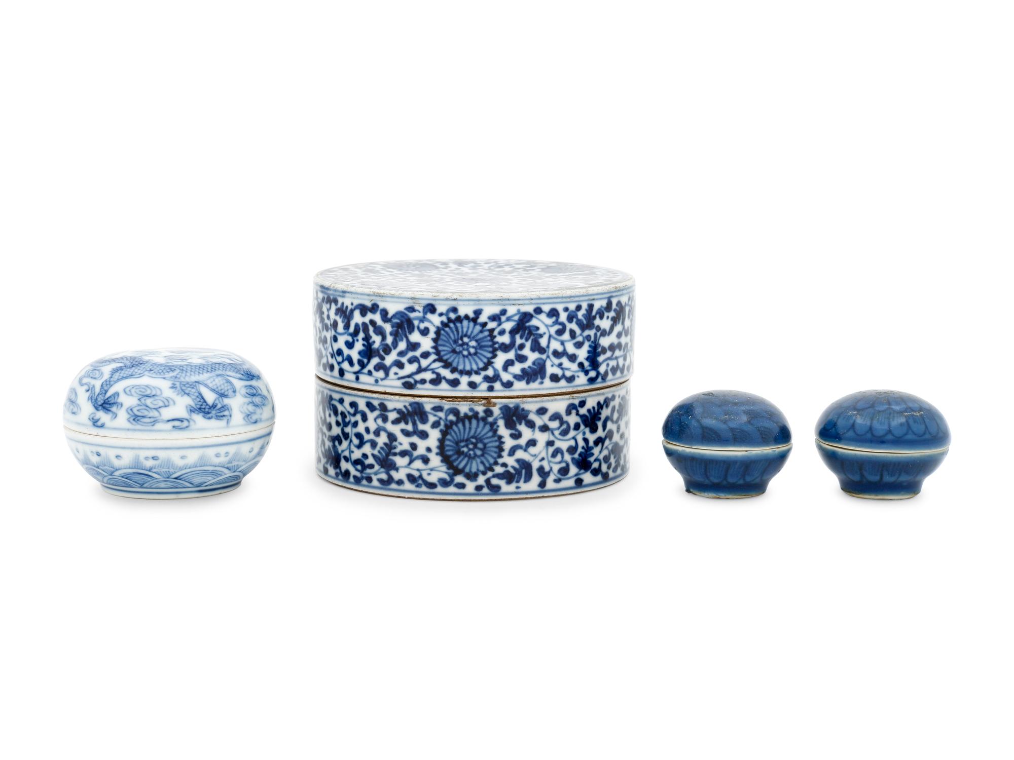 A Group of Four Blue and White Porcelain Covered Ink Paste Boxes