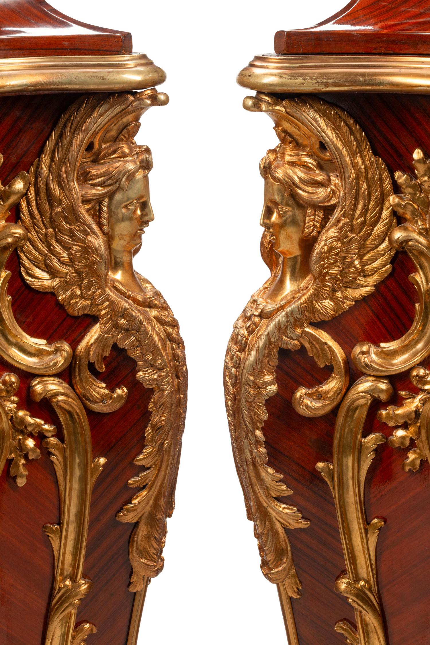 A Pair of Louis XV Style Gilt Bronze Mounted Kingwood Marble-Top Pedestals
