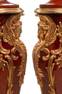 A Pair of Louis XV Style Gilt Bronze Mounted Kingwood Marble-Top Pedestals
