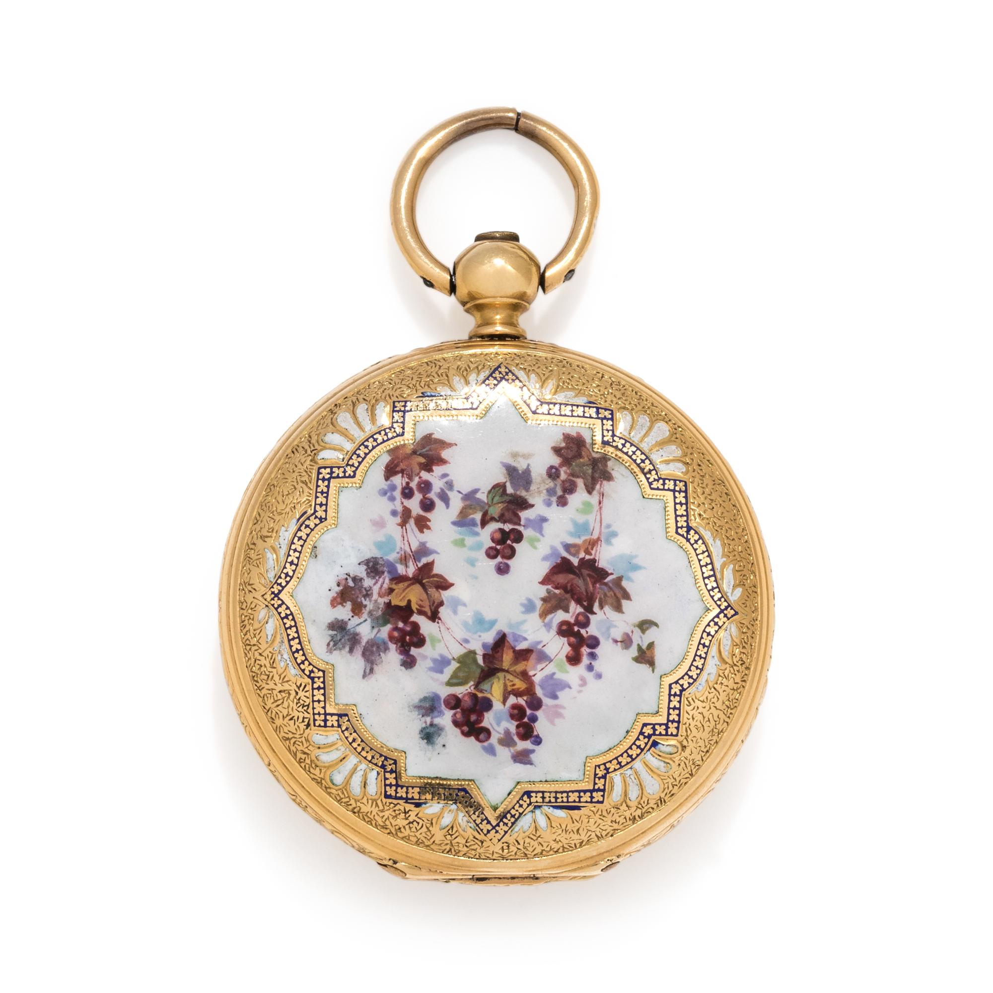 18K YELLOW GOLD AND ENAMEL HUNTER CASE POCKET WATCH