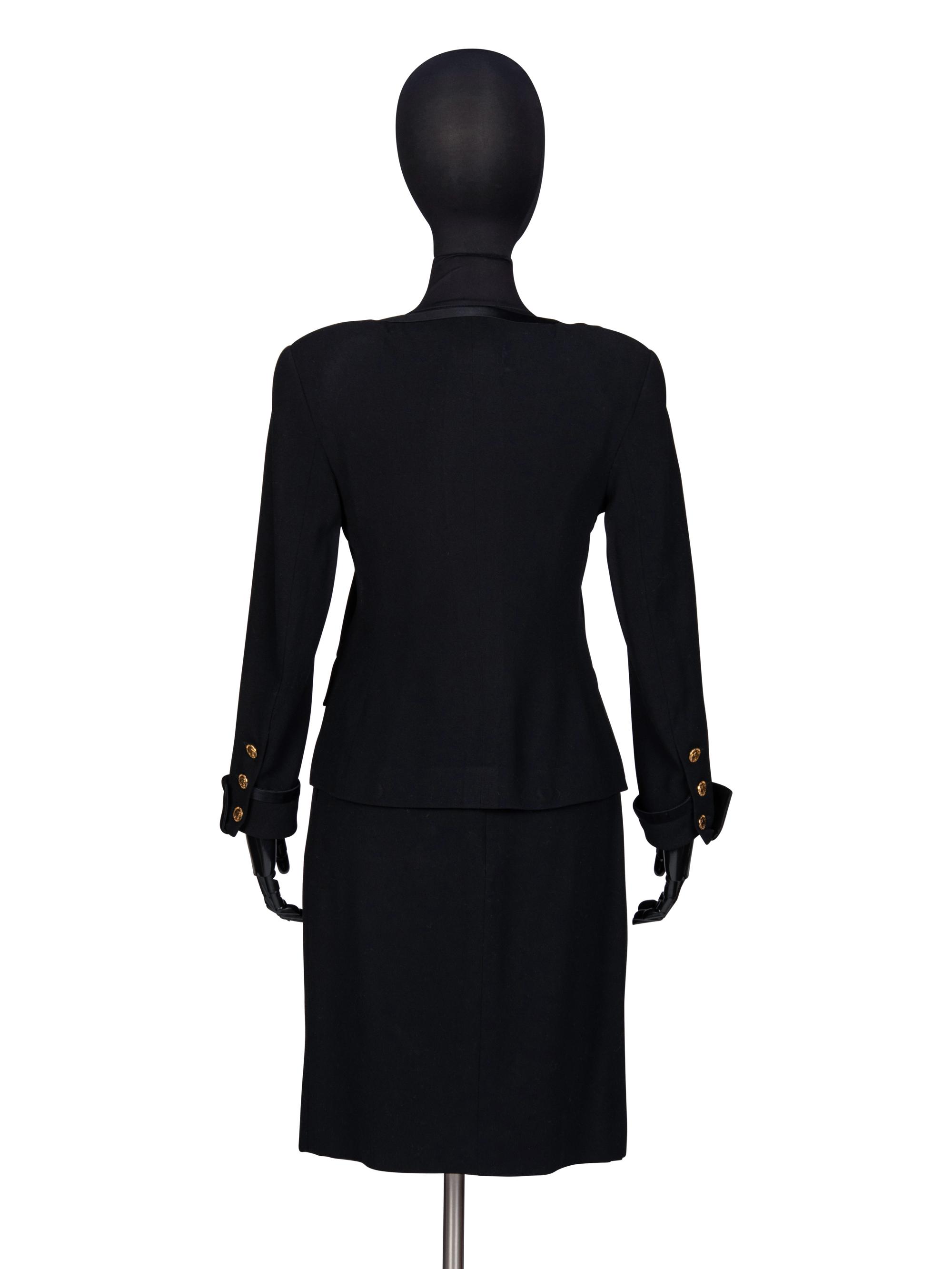 Chanel, Black Wool Skirt Suit Trimmed in Satin