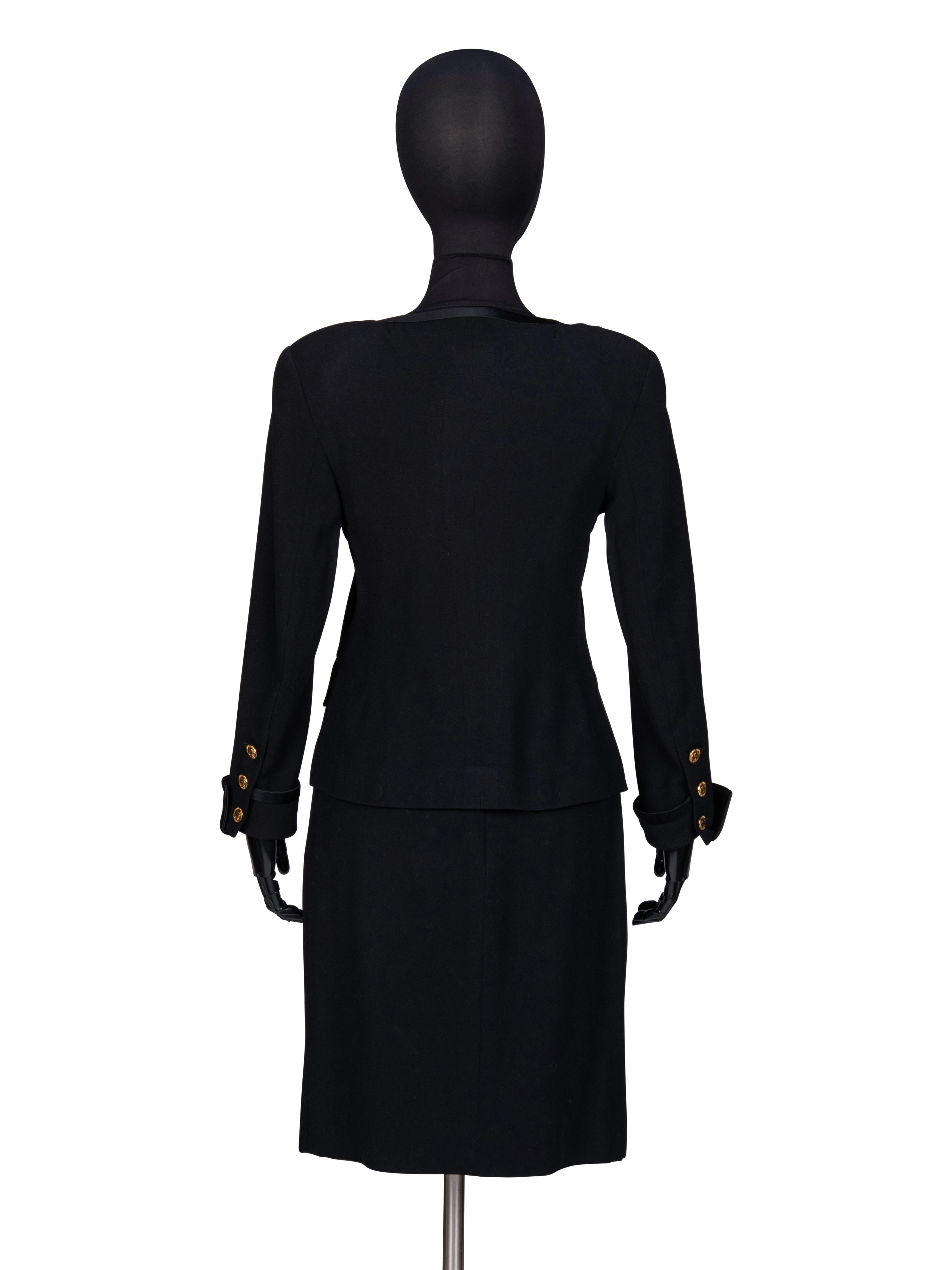 Chanel, Black Wool Skirt Suit Trimmed in Satin