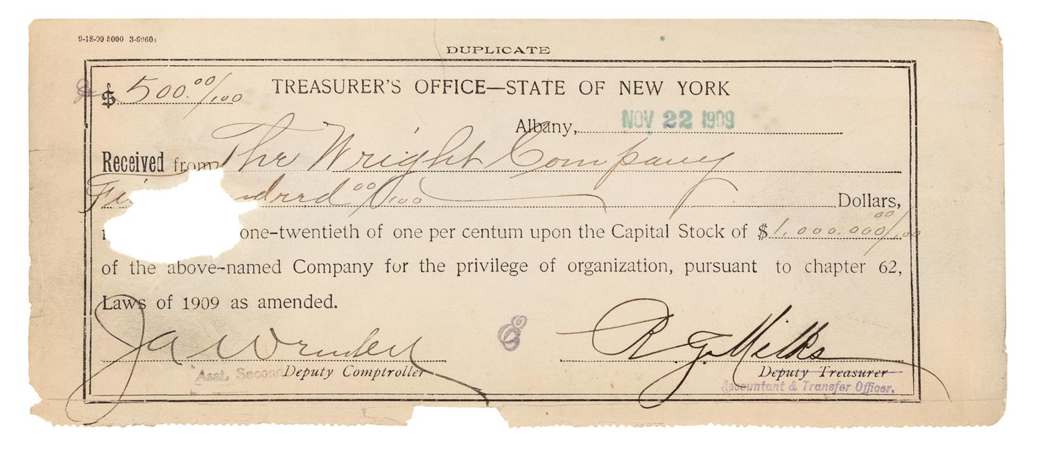 [WRIGHT BROTHERS]. WRIGHT, Wilbur (1867-1912) -- WRIGHT, Orville (1871-1948). Typed document signed ("Wilbur Wright", "Orville Wright", "George A. Steves", "Henry S. Hooker", "Alpheus F. Barnes"), New York, NY, 18 November 1909.