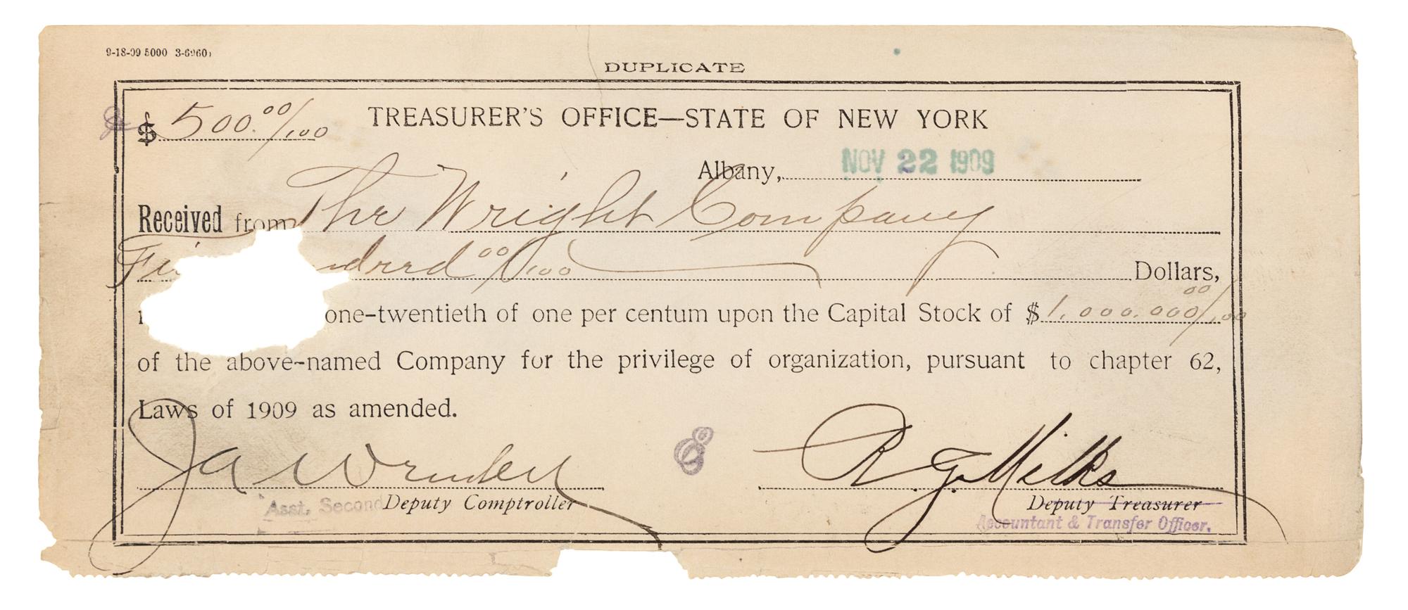 [WRIGHT BROTHERS]. WRIGHT, Wilbur (1867-1912) -- WRIGHT, Orville (1871-1948). Typed document signed ("Wilbur Wright", "Orville Wright", "George A. Steves", "Henry S. Hooker", "Alpheus F. Barnes"), New York, NY, 18 November 1909.