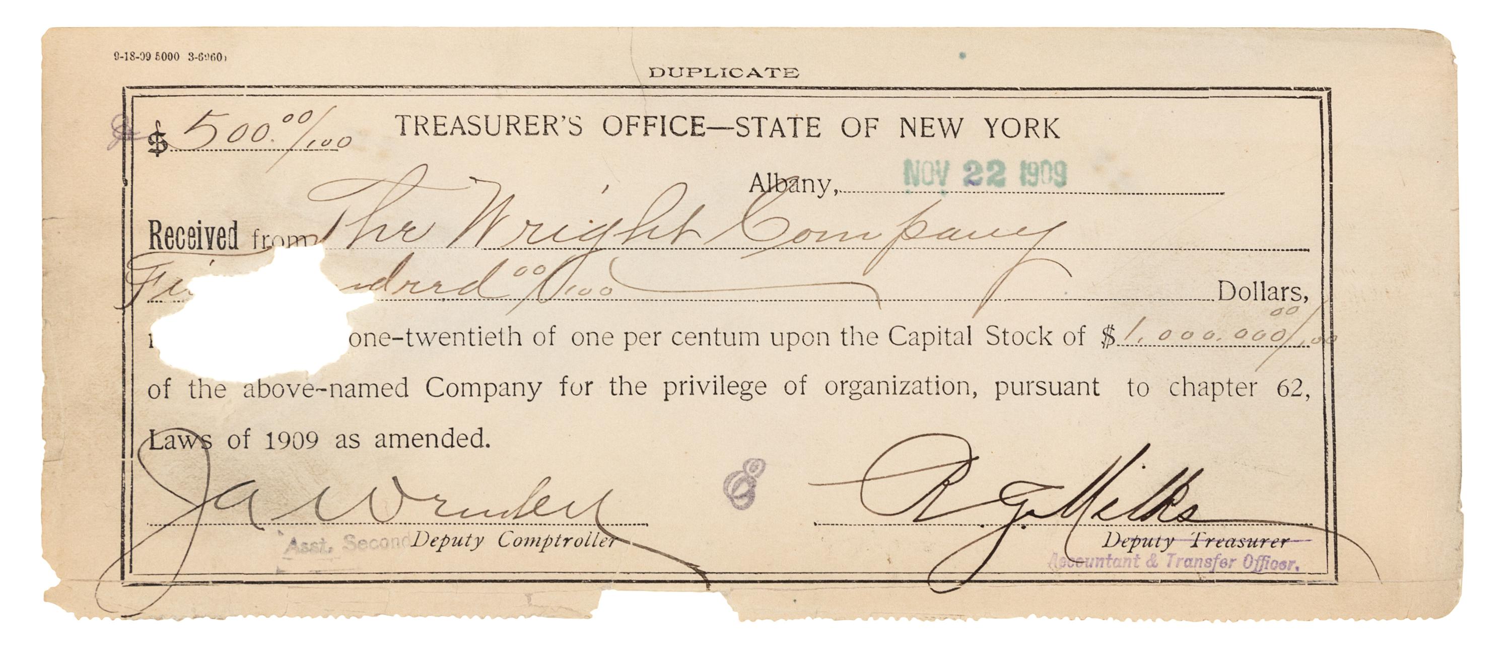 [WRIGHT BROTHERS]. WRIGHT, Wilbur (1867-1912) -- WRIGHT, Orville (1871-1948). Typed document signed ("Wilbur Wright", "Orville Wright", "George A. Steves", "Henry S. Hooker", "Alpheus F. Barnes"), New York, NY, 18 November 1909.