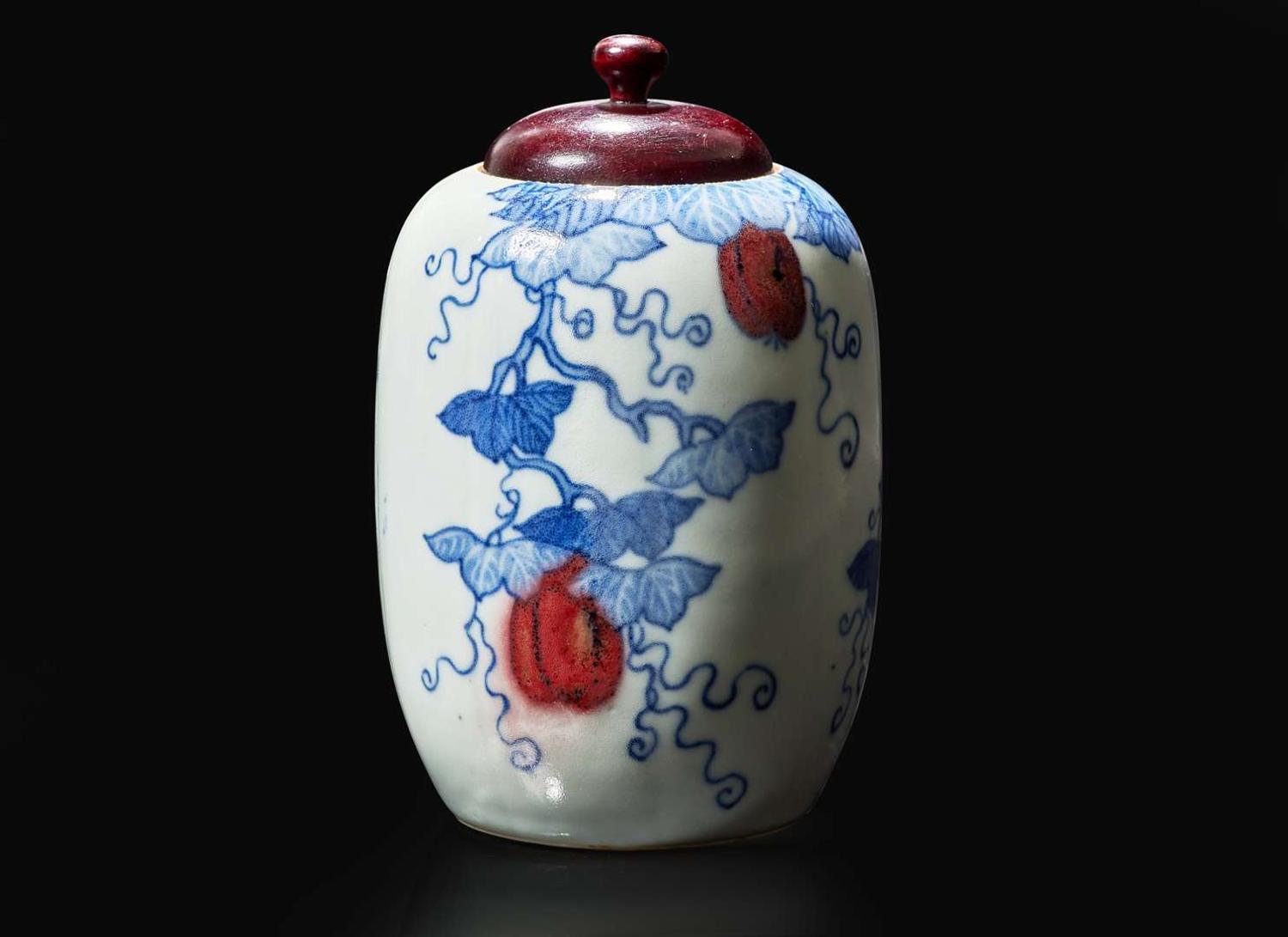 A Chinese underglazed blue and red "Gourds" cabinet vase 青花釉裡紅小罐