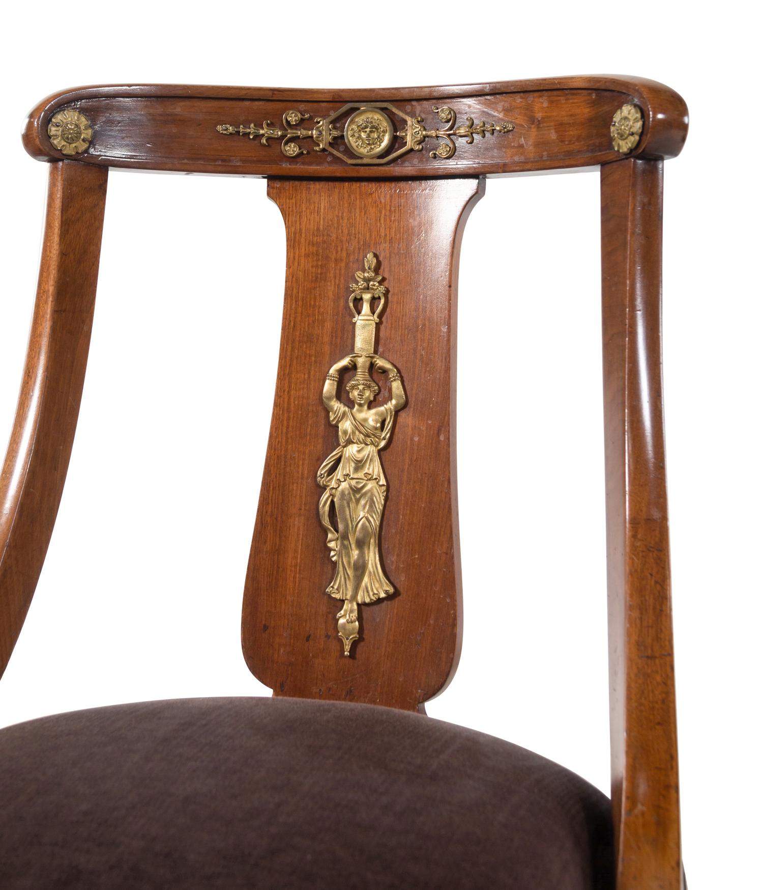 A Pair of Empire Style Gilt Metal Mounted Mahogany Side Chairs with Scalamandré Upholstery