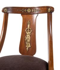 A Pair of Empire Style Gilt Metal Mounted Mahogany Side Chairs with Scalamandré Upholstery