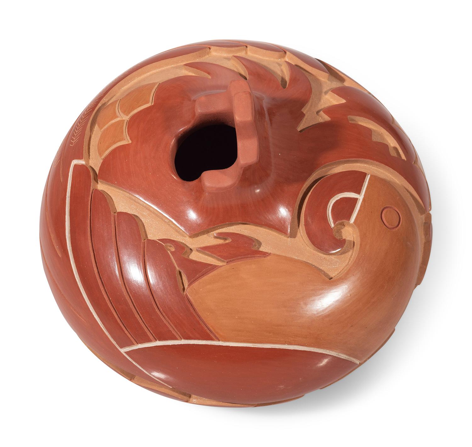 Red and Tan Carved Pottery Vase, with Parrots