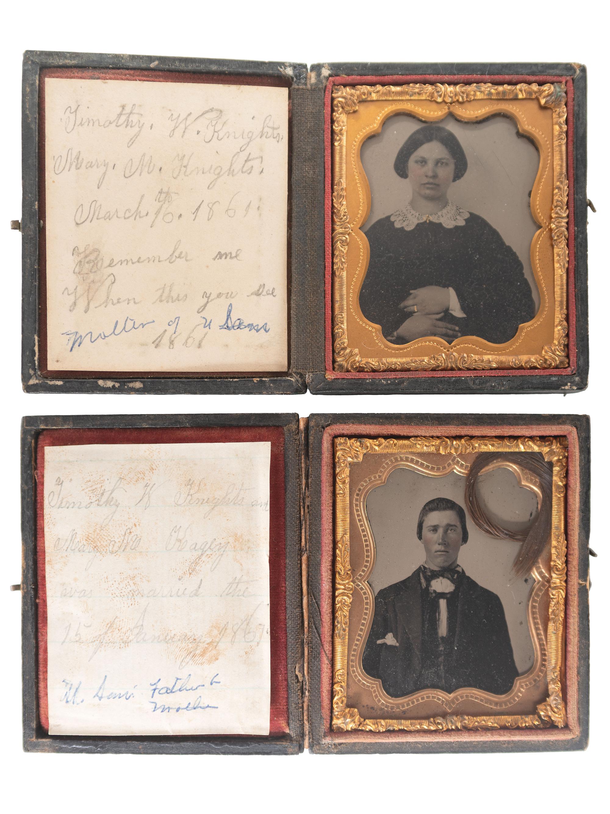 [CIVIL WAR]. Ninth plate ambrotypes showing Confederate soldier Timothy W. Knights, 136th Militia Virginia Infantry, and his expectant wife Mary Knights.