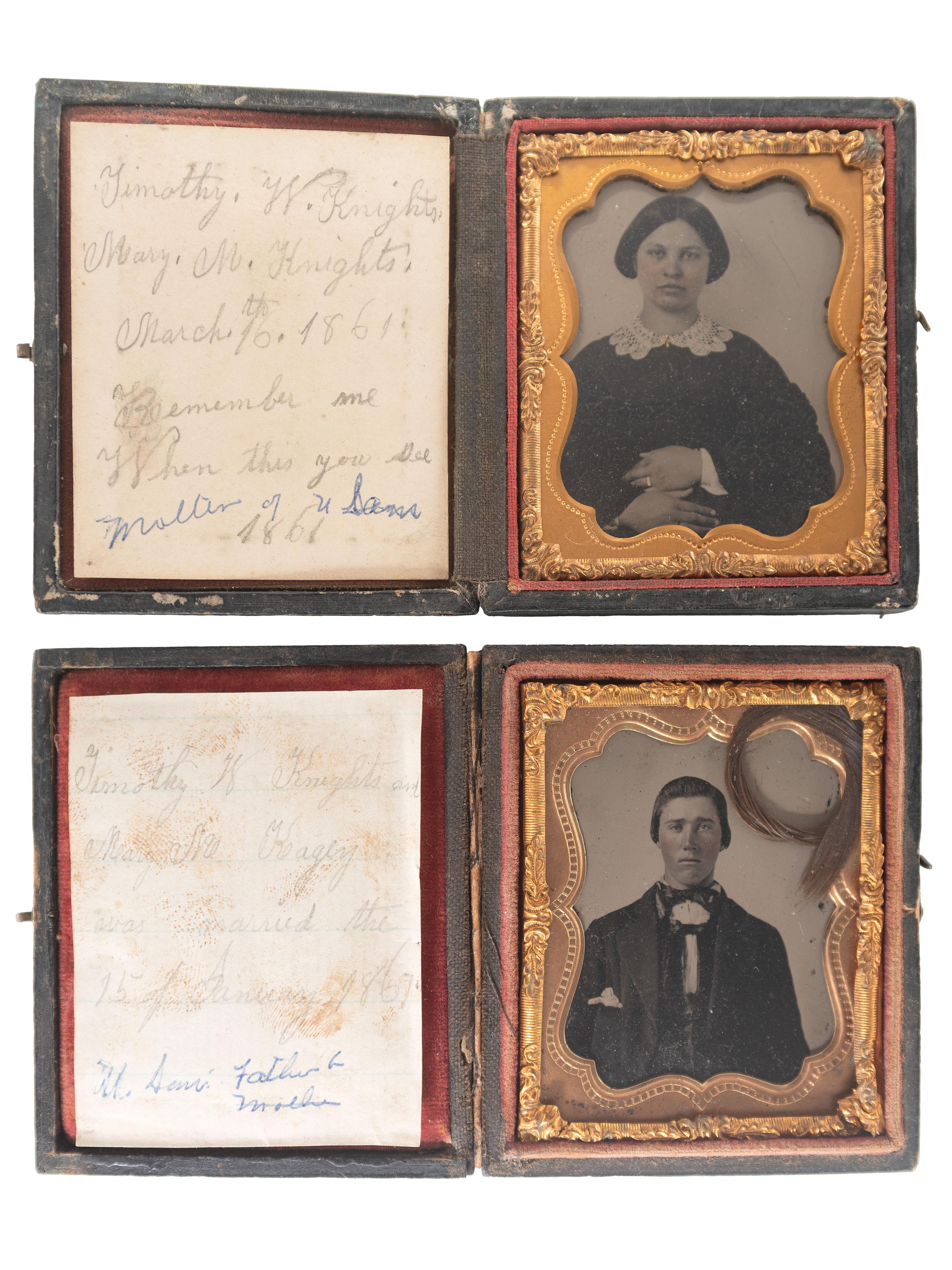 [CIVIL WAR]. Ninth plate ambrotypes showing Confederate soldier Timothy W. Knights, 136th Militia Virginia Infantry, and his expectant wife Mary Knights.