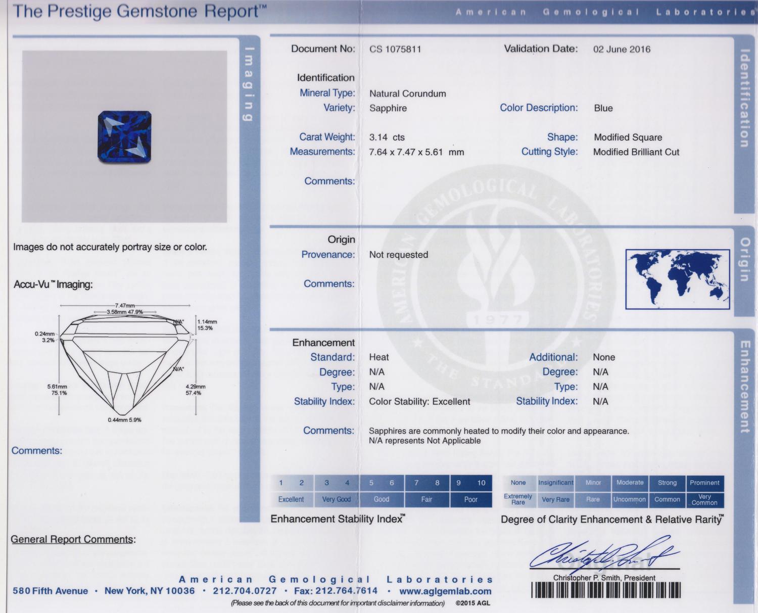 A 3.14 Carat Square Modified Brilliant Cut Sapphire,