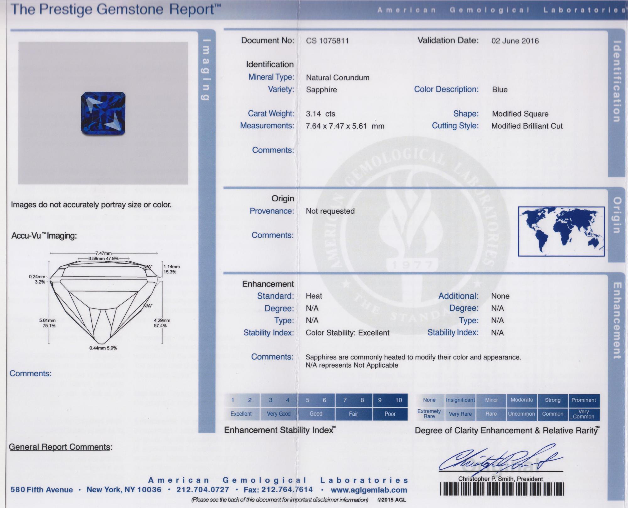 A 3.14 Carat Square Modified Brilliant Cut Sapphire,