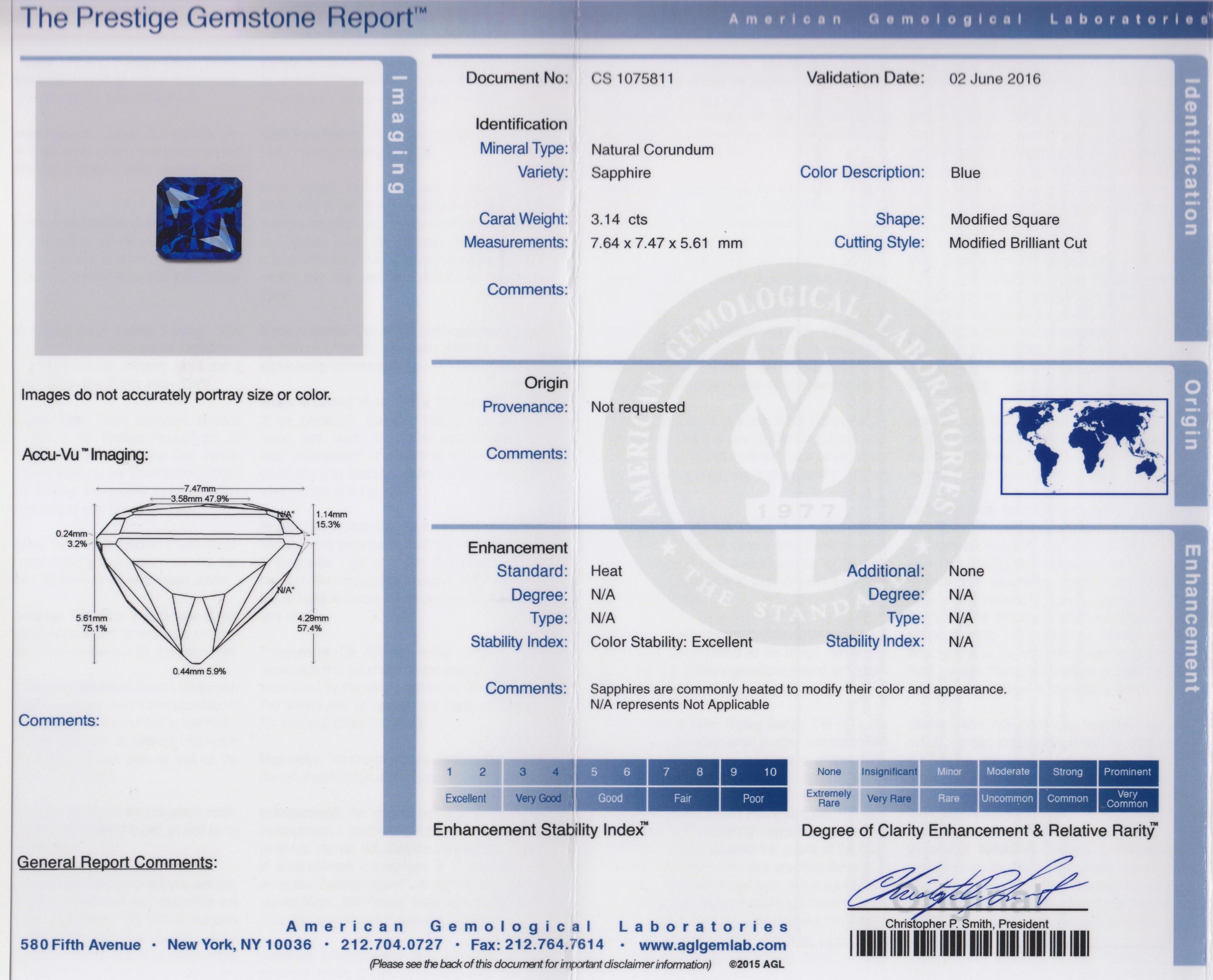 A 3.14 Carat Square Modified Brilliant Cut Sapphire,
