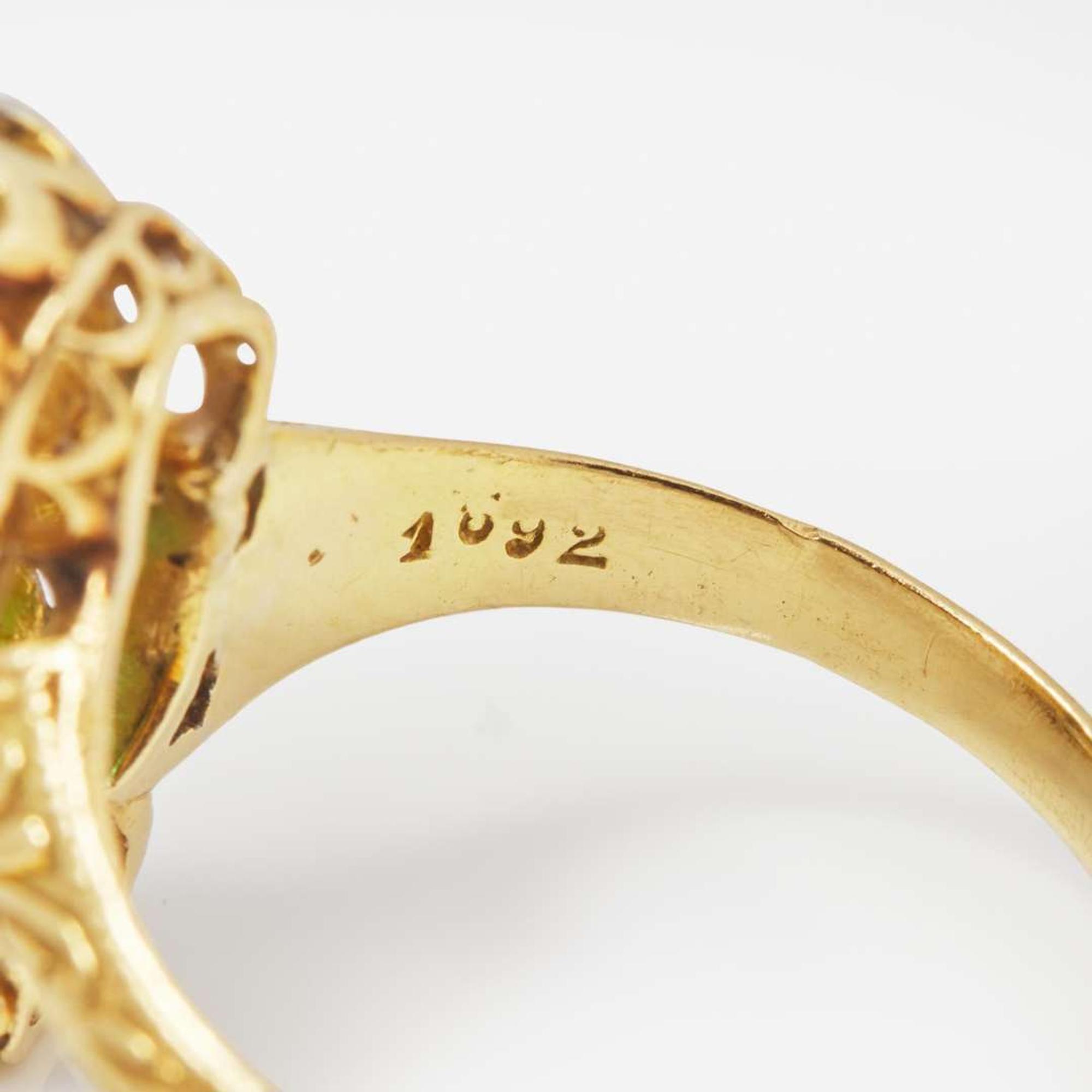 A Three-Stone 14K Yellow Gold, Emerald, and Diamond Ring Victorian, c.1900