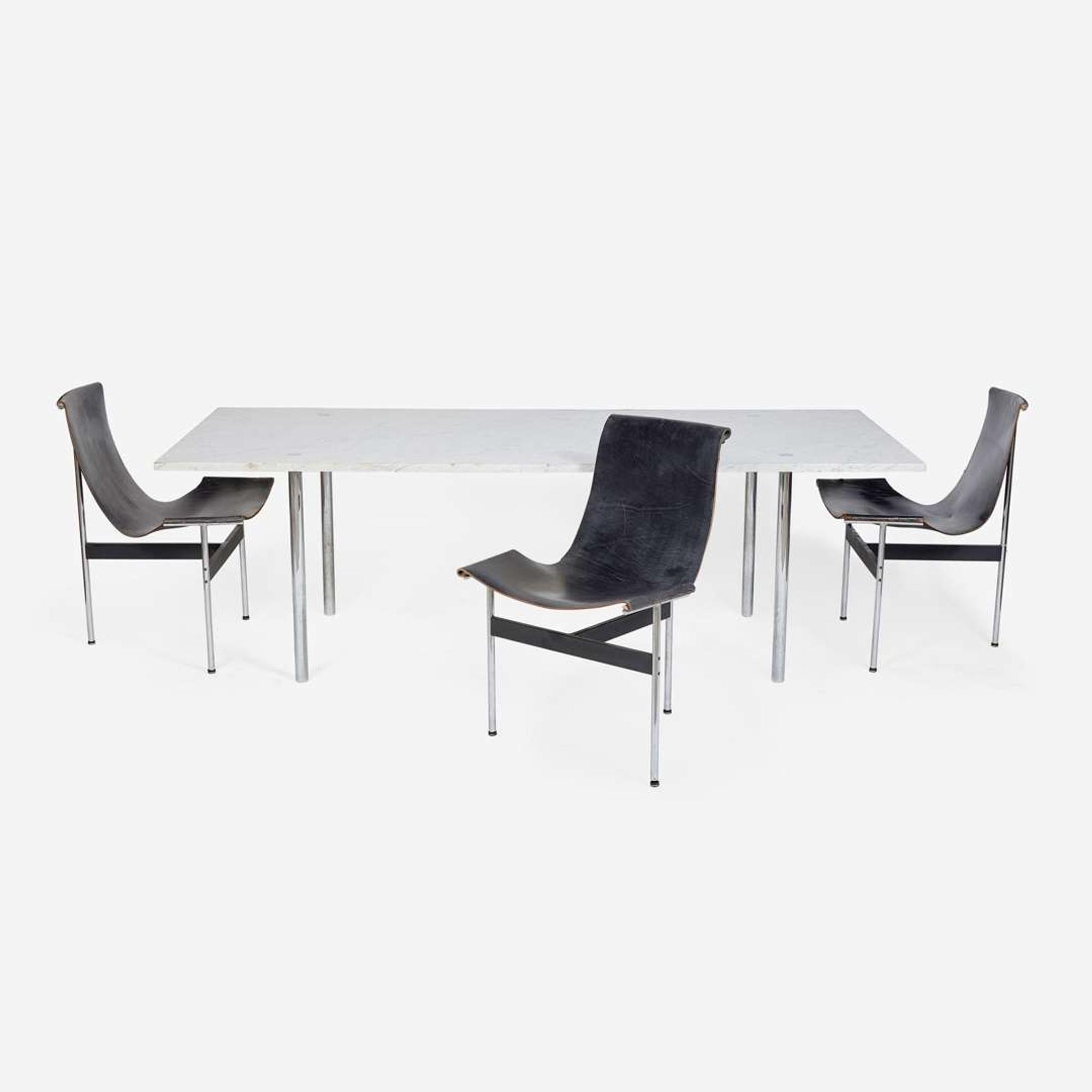 William Katavolos (American, 1924-2020), Ross Littell (American, 1924-2000), and Douglas Kelley (American, b. 1928) Dining Table Model 10-M and Set of Three "T" Chairs Model 3-LC, Laverne Inc., USA, designed 1953, the present lot circa 1960s