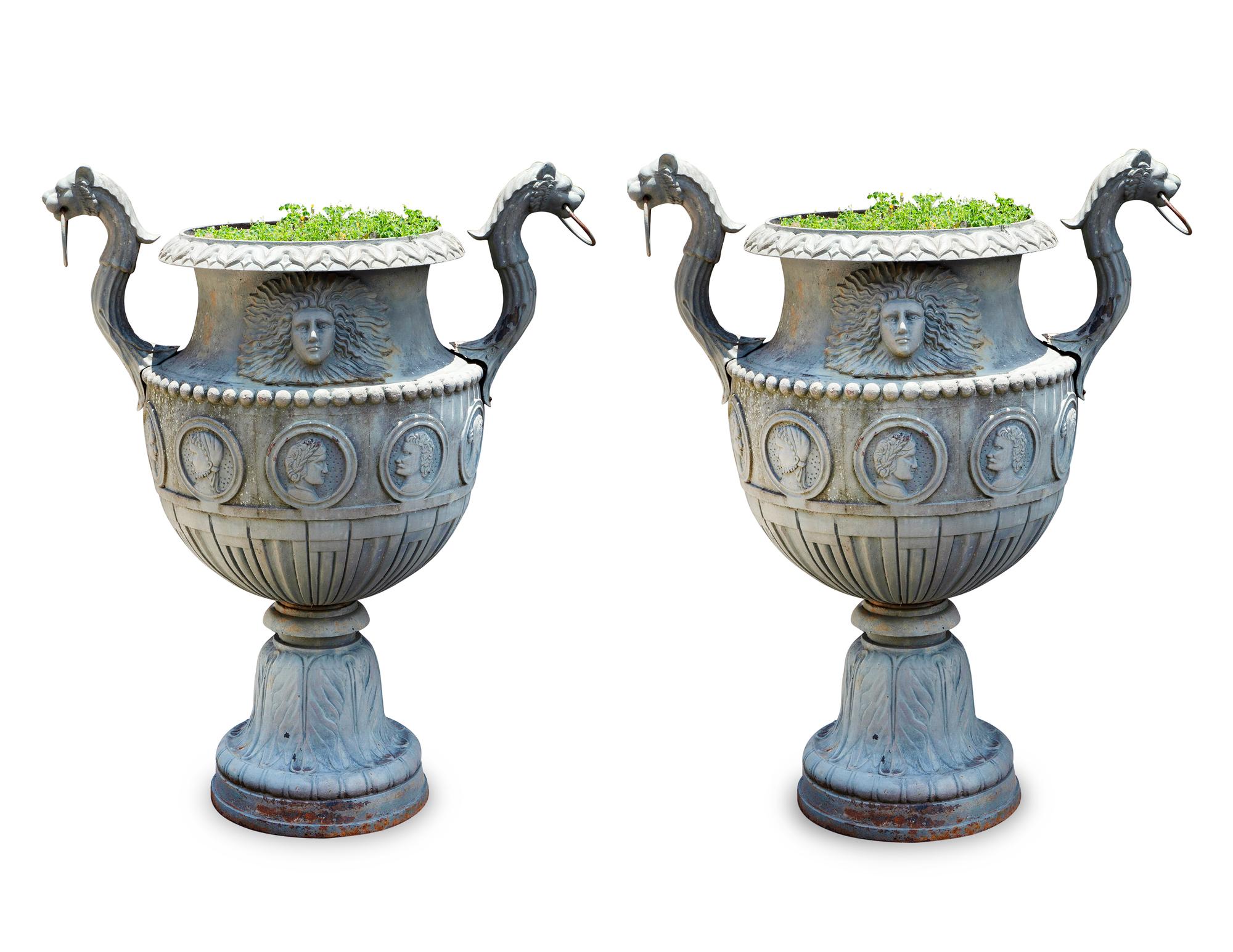 A Pair of Large Patinated Bronze Garden Urns — 20th Century