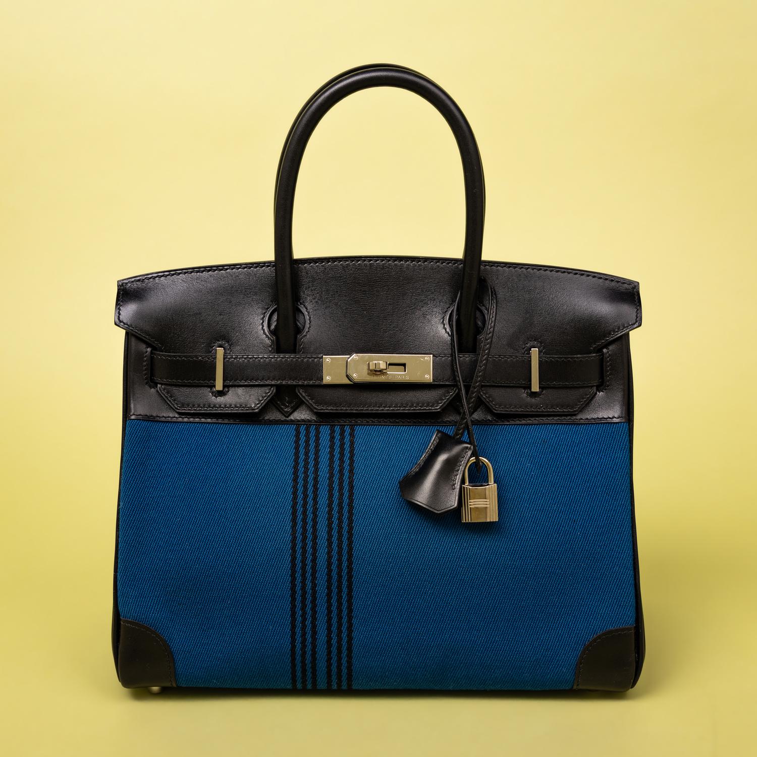 Hermès, Potamus Birkin 28 in Blue Toile & Noir Box Leather