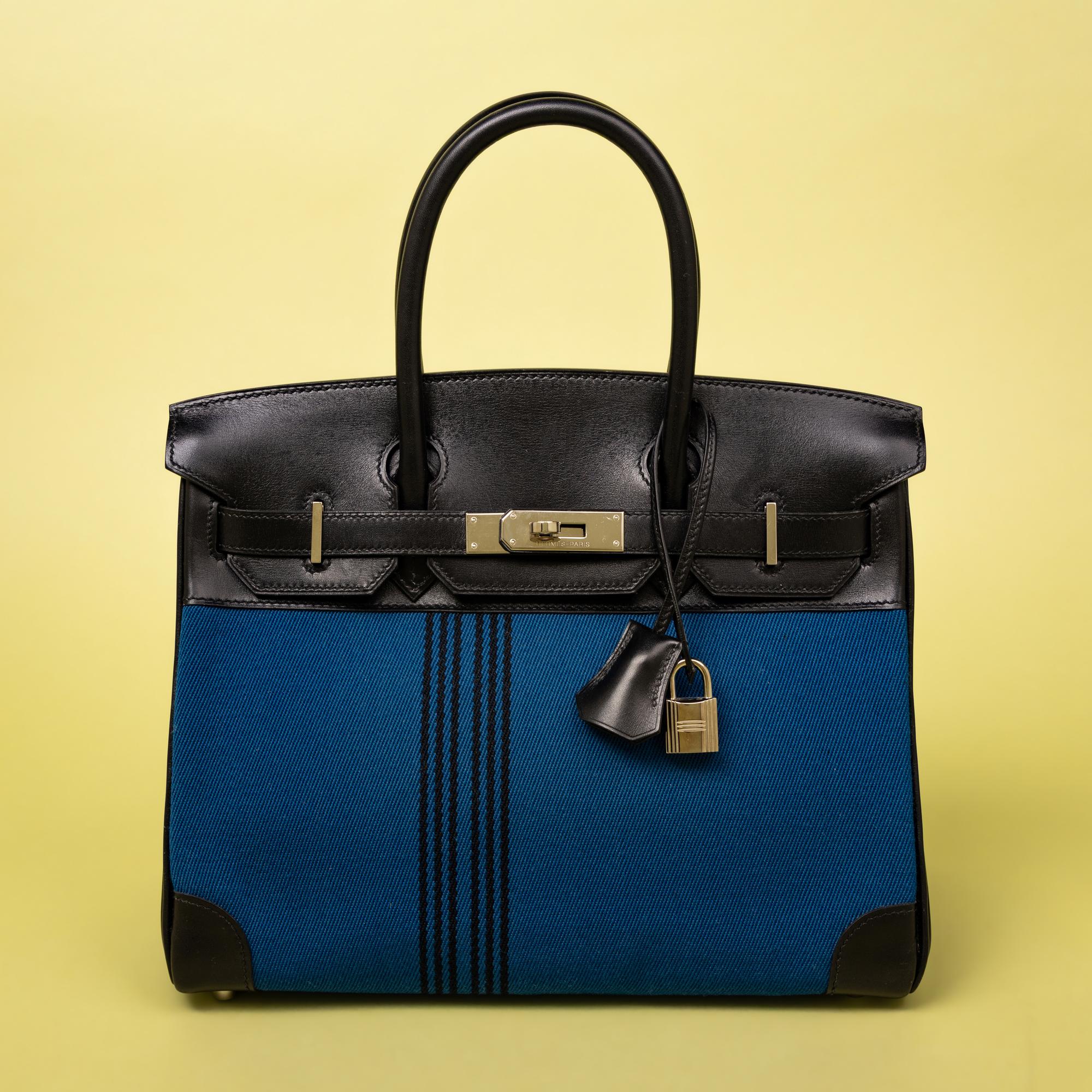 Hermès, Potamus Birkin 28 in Blue Toile & Noir Box Leather