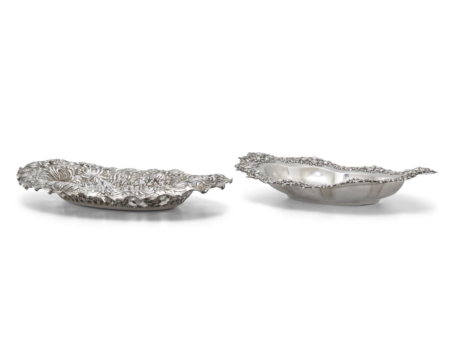 Two Oval Sterling Silver Floral Repousse Dishes
