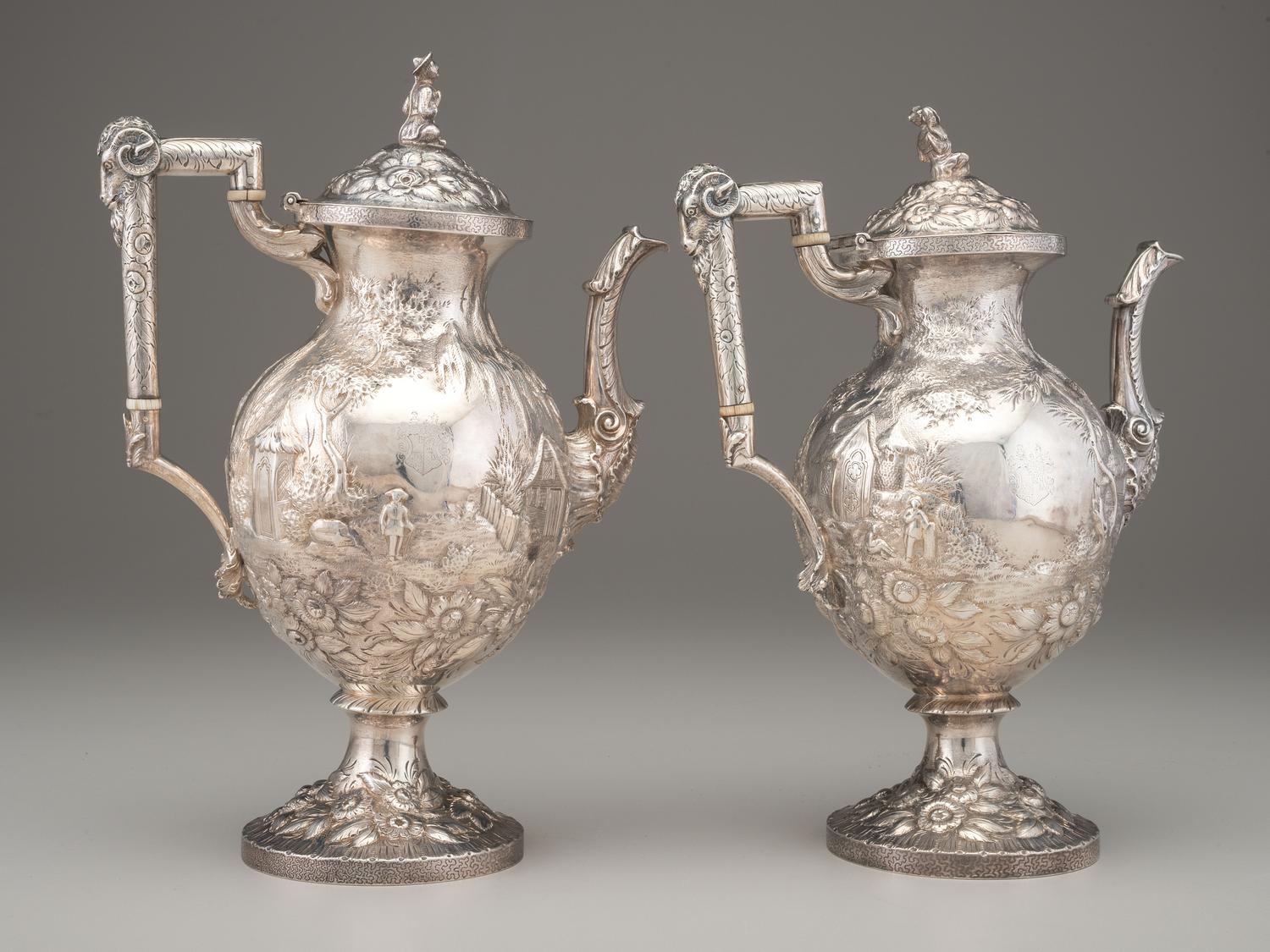 A Pair of Robert & William Wilson Coin Silver 'Castle' Coffee Pots