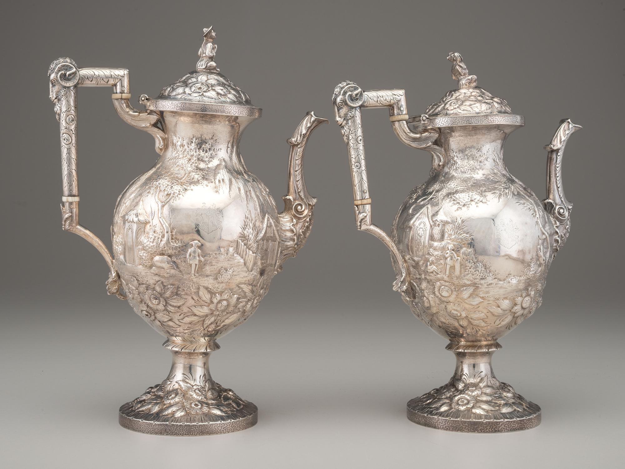 A Pair of Robert & William Wilson Coin Silver 'Castle' Coffee Pots