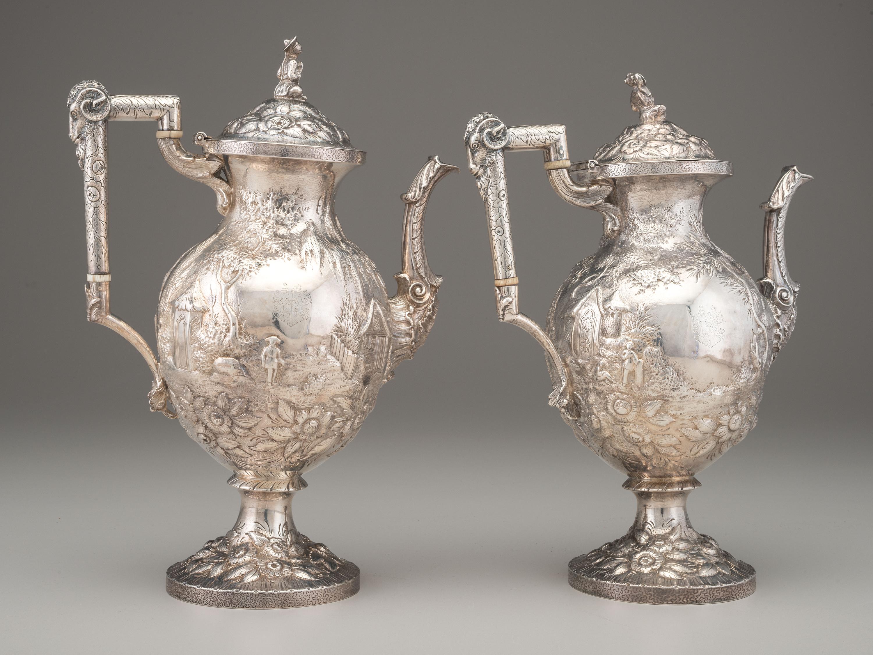 A Pair of Robert & William Wilson Coin Silver 'Castle' Coffee Pots