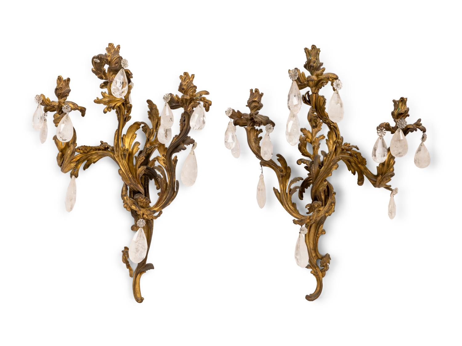 A Pair of Rococo Style Gilt Bronze and Crystal Three-Light Wall Sconces — LATE 19TH CENTURY