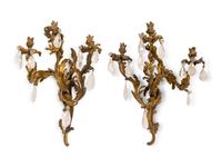 A Pair of Rococo Style Gilt Bronze and Crystal Three-Light Wall Sconces — LATE 19TH CENTURY