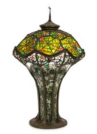 An American Leaded Glass and Bronze Table Lamp Diameter of shade 21 inches.