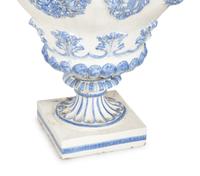 A Pair of Italian Blue and White Glazed Ceramic Covered Urns