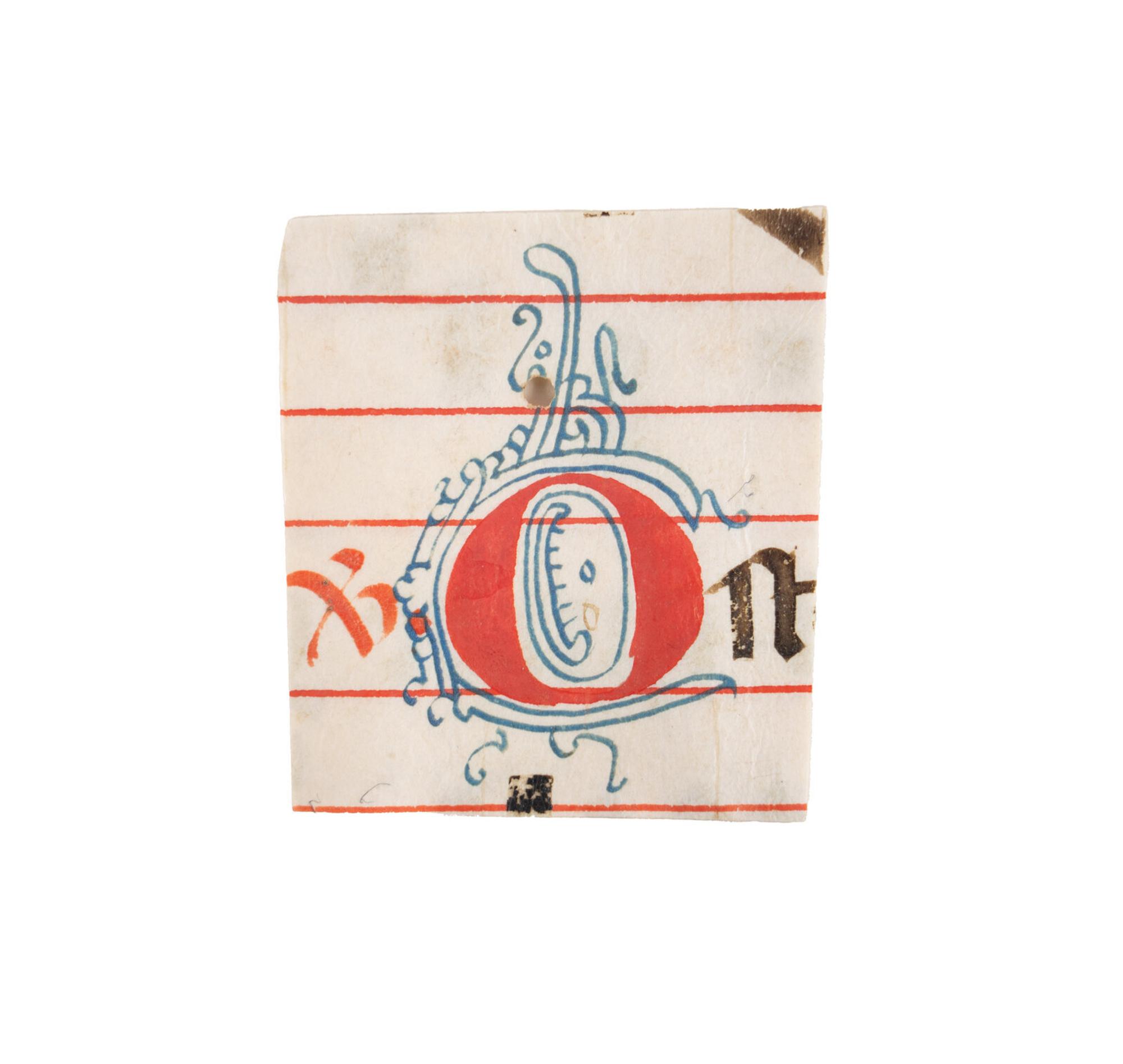 GROUP OF “BABY” INITIALS FRAMED Four cut-out initials, ‘A’, ‘T’, ‘O’, and ‘Q’, mostly from assorted Choir Books, illustrated music manuscripts on parchment, in Latin [likely Italy, 15th/ 16th centuries]