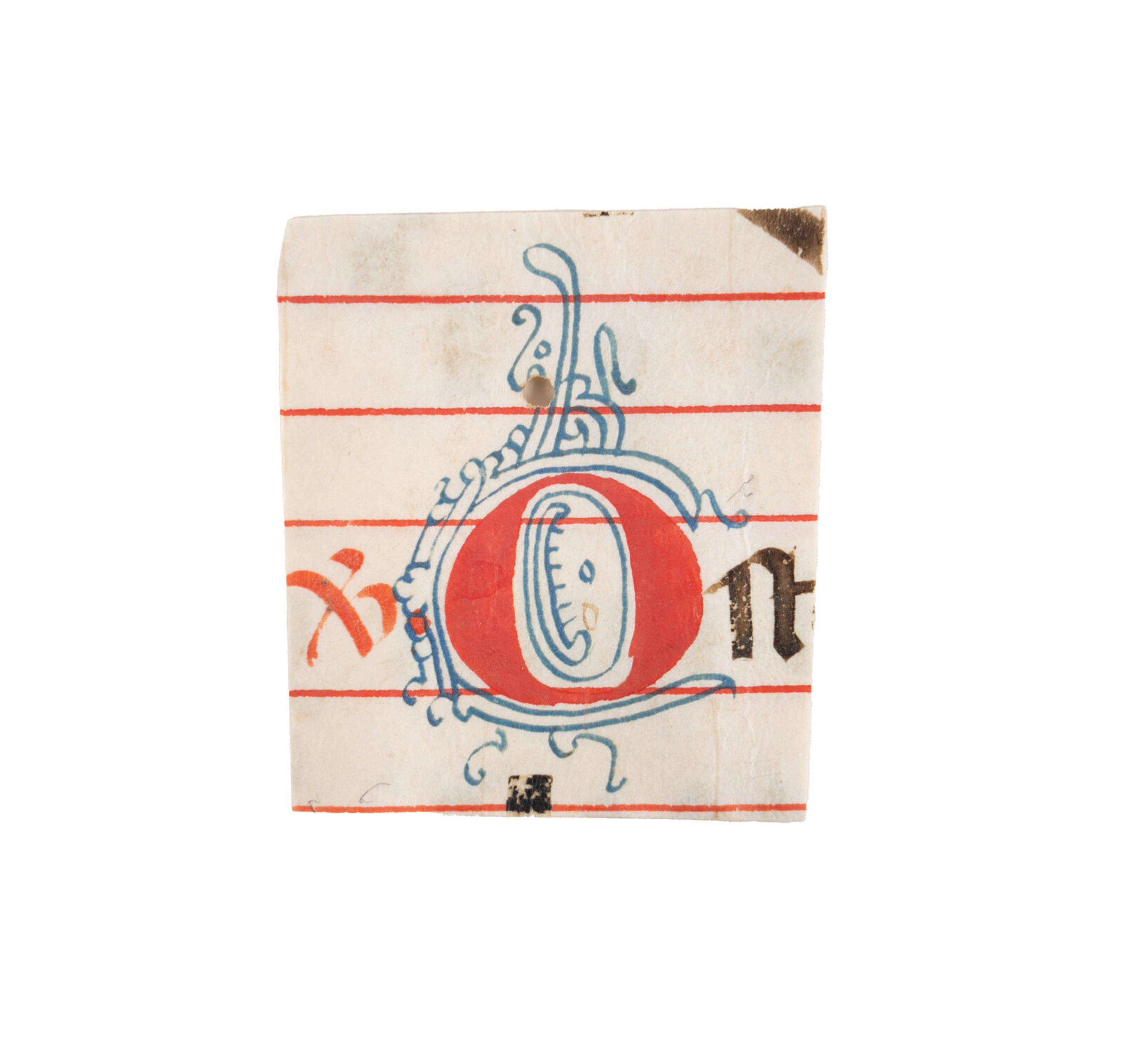 GROUP OF “BABY” INITIALS FRAMED Four cut-out initials, ‘A’, ‘T’, ‘O’, and ‘Q’, mostly from assorted Choir Books, illustrated music manuscripts on parchment, in Latin [likely Italy, 15th/ 16th centuries]