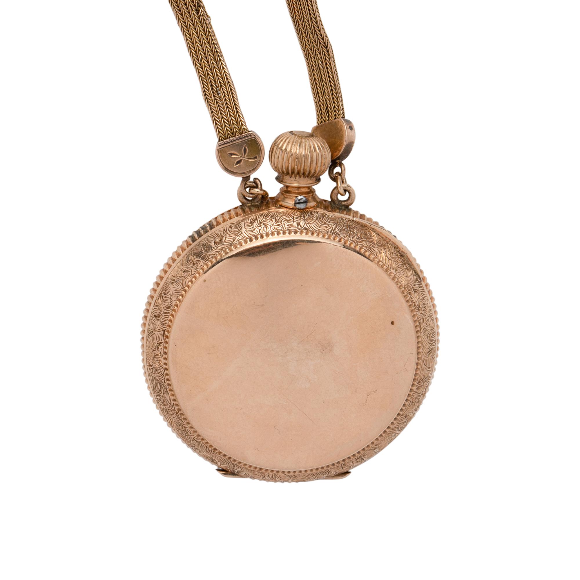 ELGIN, 14K YELLOW GOLD AND DIAMOND HUNTER CASE POCKET WATCH AND LONGCHAIN