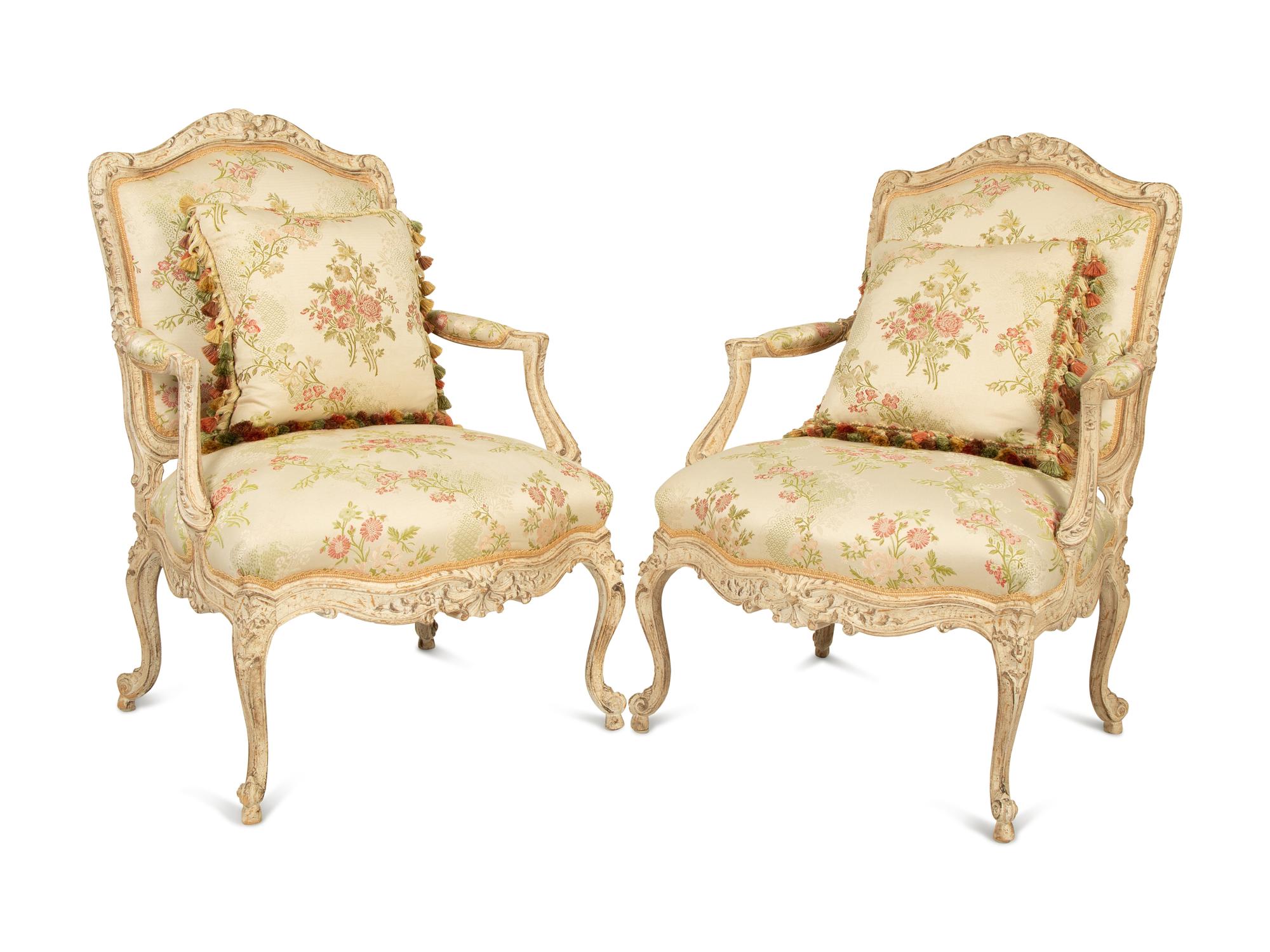 A Pair of Louis XV Style Carved and Painted Fauteuils — 20TH CENTURY