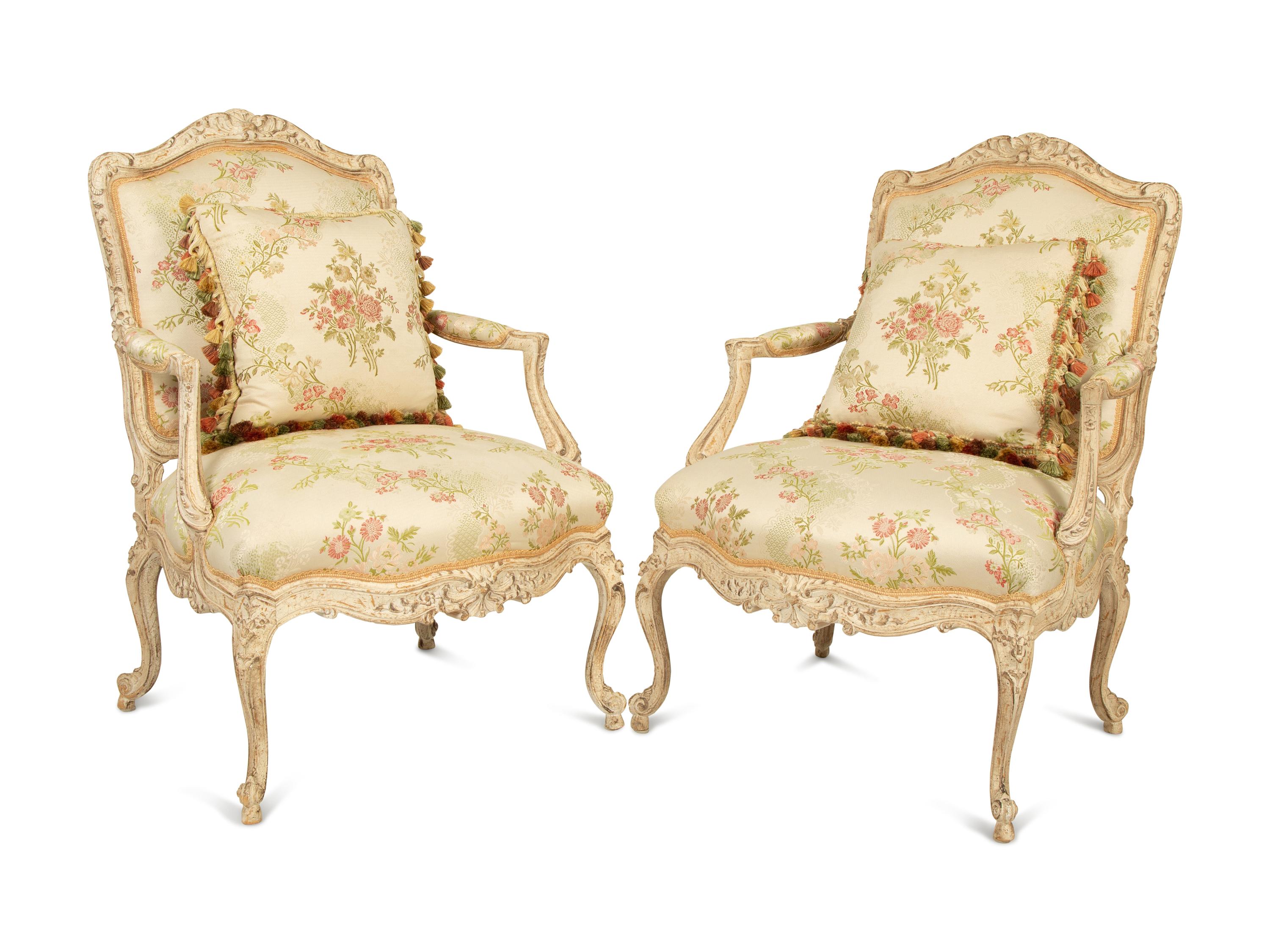 A Pair of Louis XV Style Carved and Painted Fauteuils — 20TH CENTURY