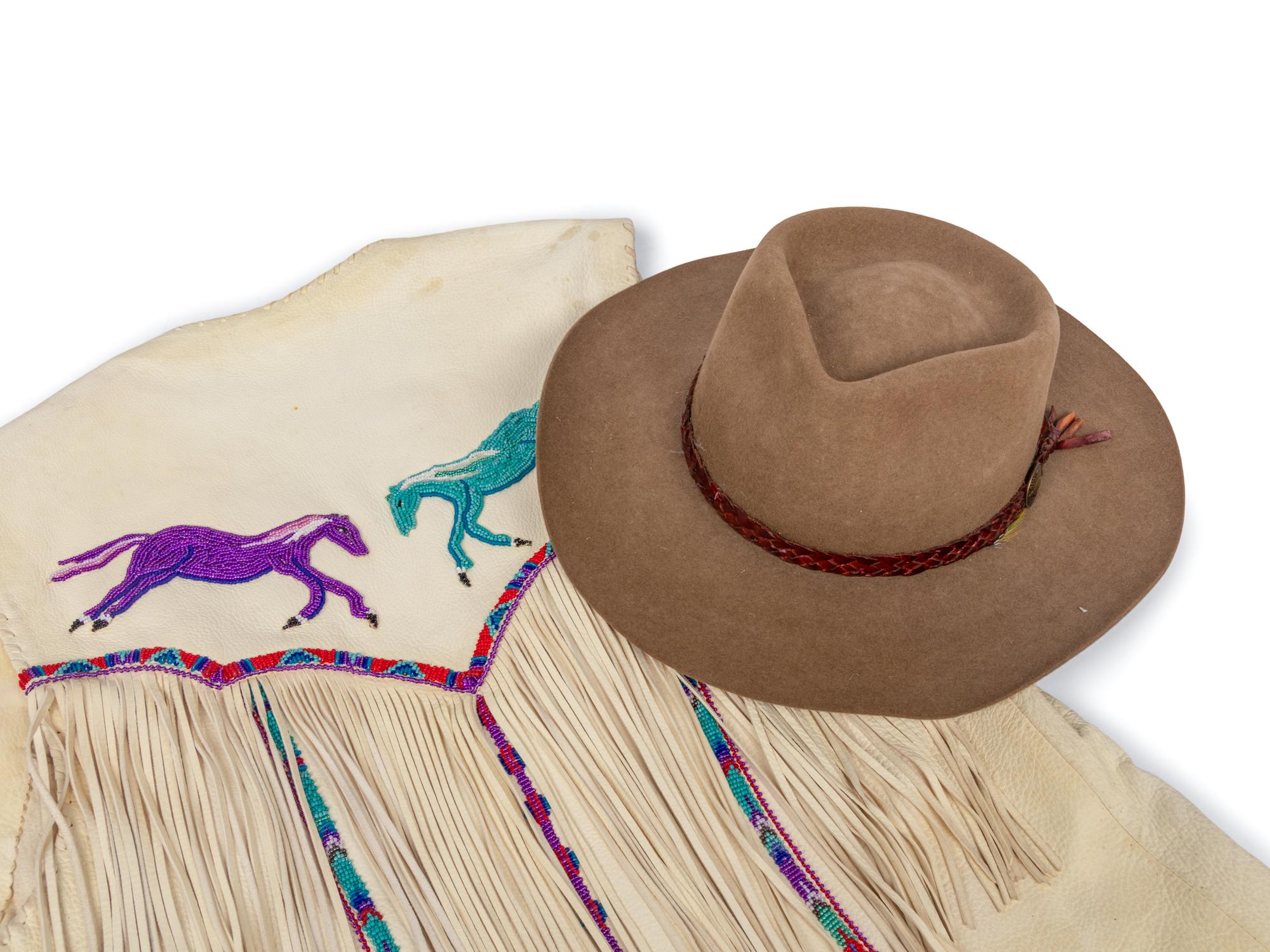 A Beaded Leather Vest with Fringe and Felted Hat