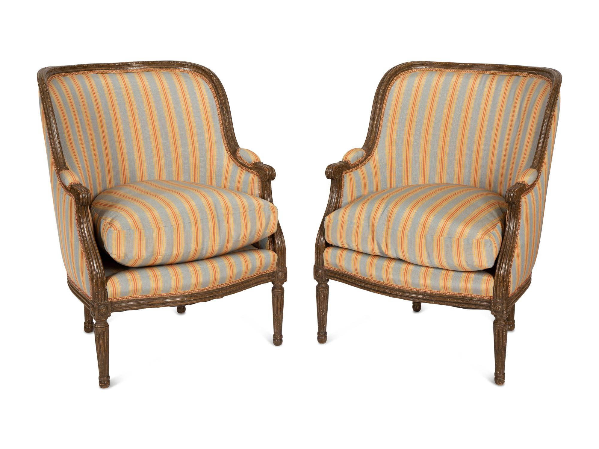 A Pair of Louis XVI Style Faux Finish Bergeres